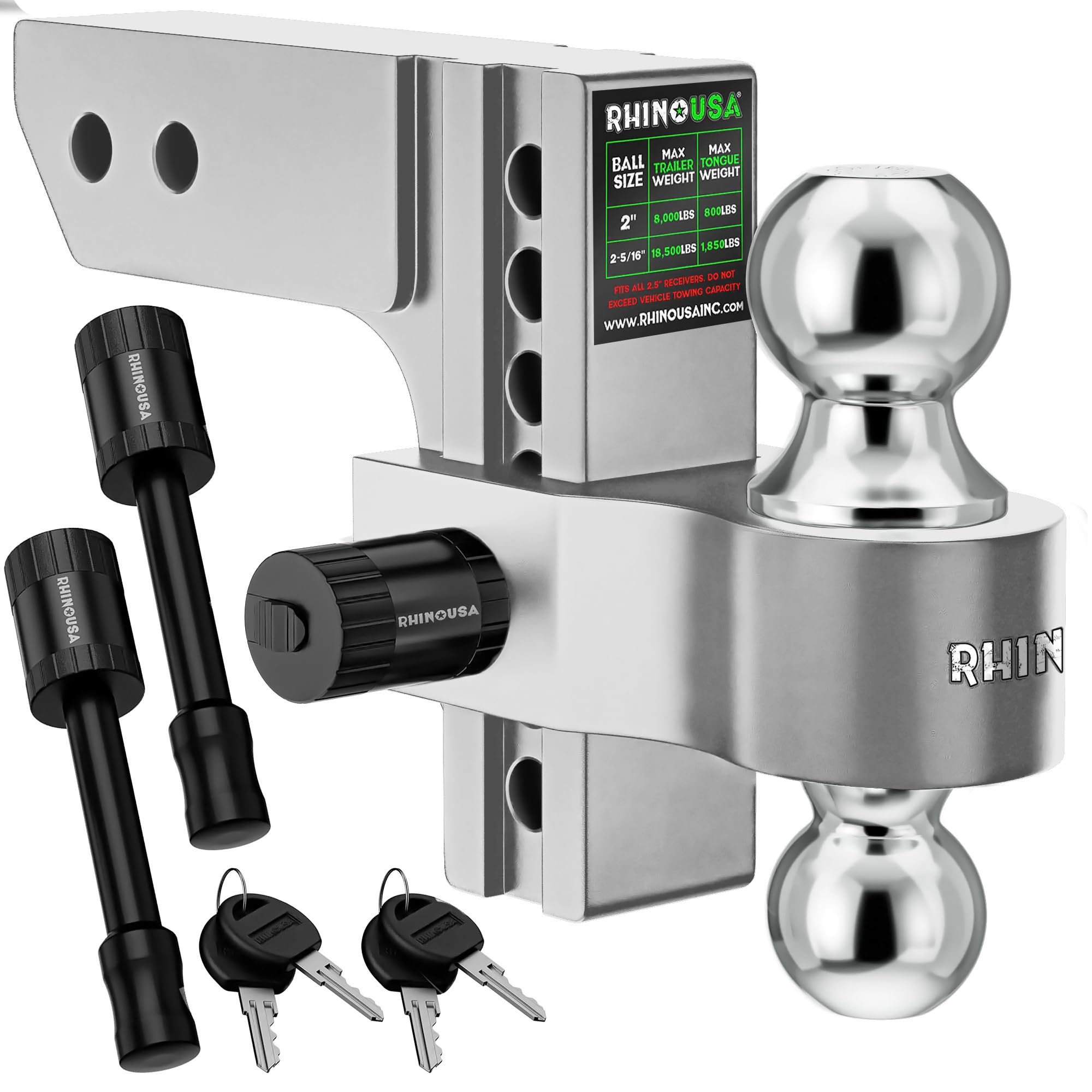 Rhino Usa Adjustable Trailer Hitch (Fits 2-Inch Receiver) - Heavy Duty Aluminum Tow Hitches With 6-Inch Drop/Rise For Truck (12,