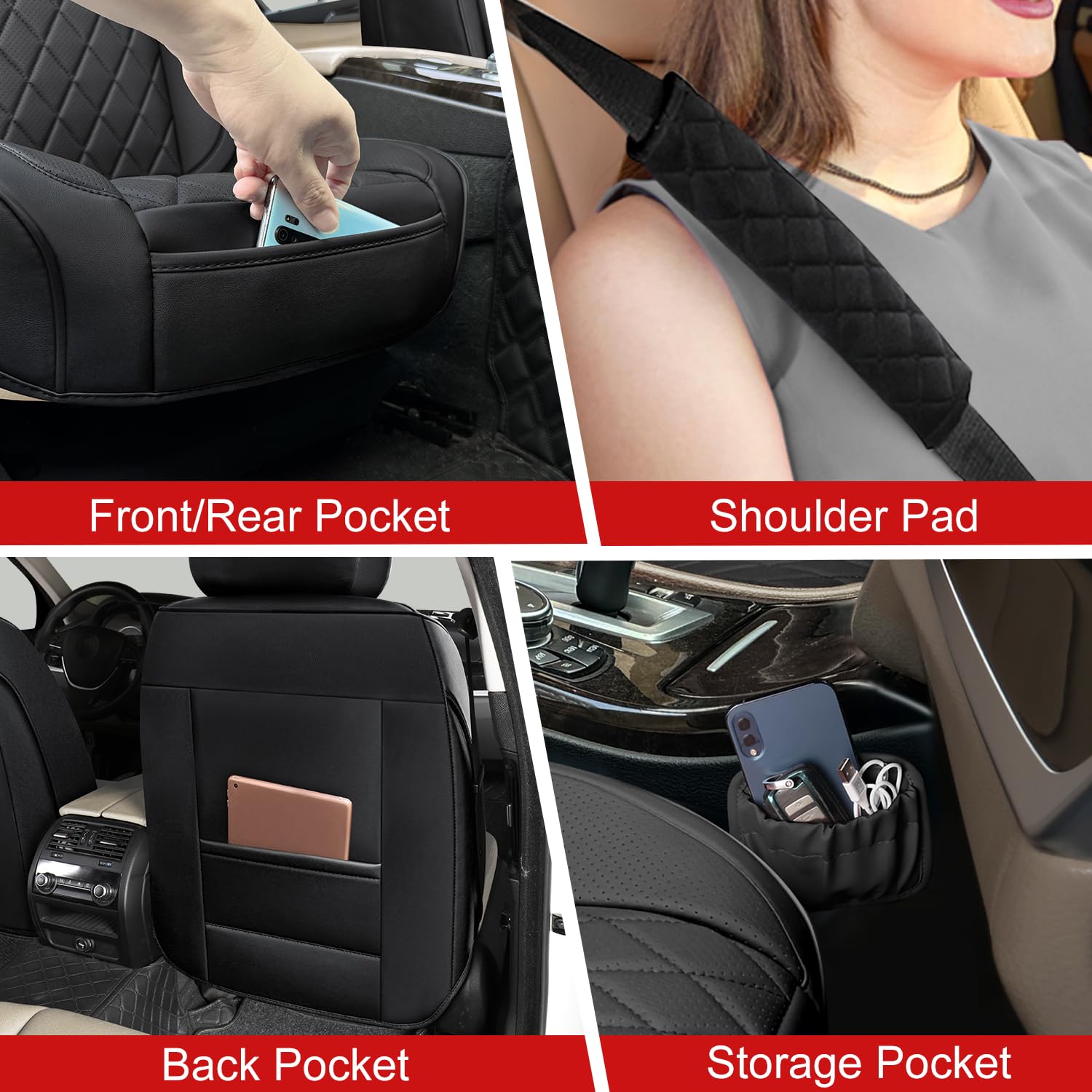 BEITK Leather Car Seat Covers Full Set, Black, Easy to Install, Universal Fit for Sedan, SUV, and Trucks, Model BK-DJZT-5PCS-Black