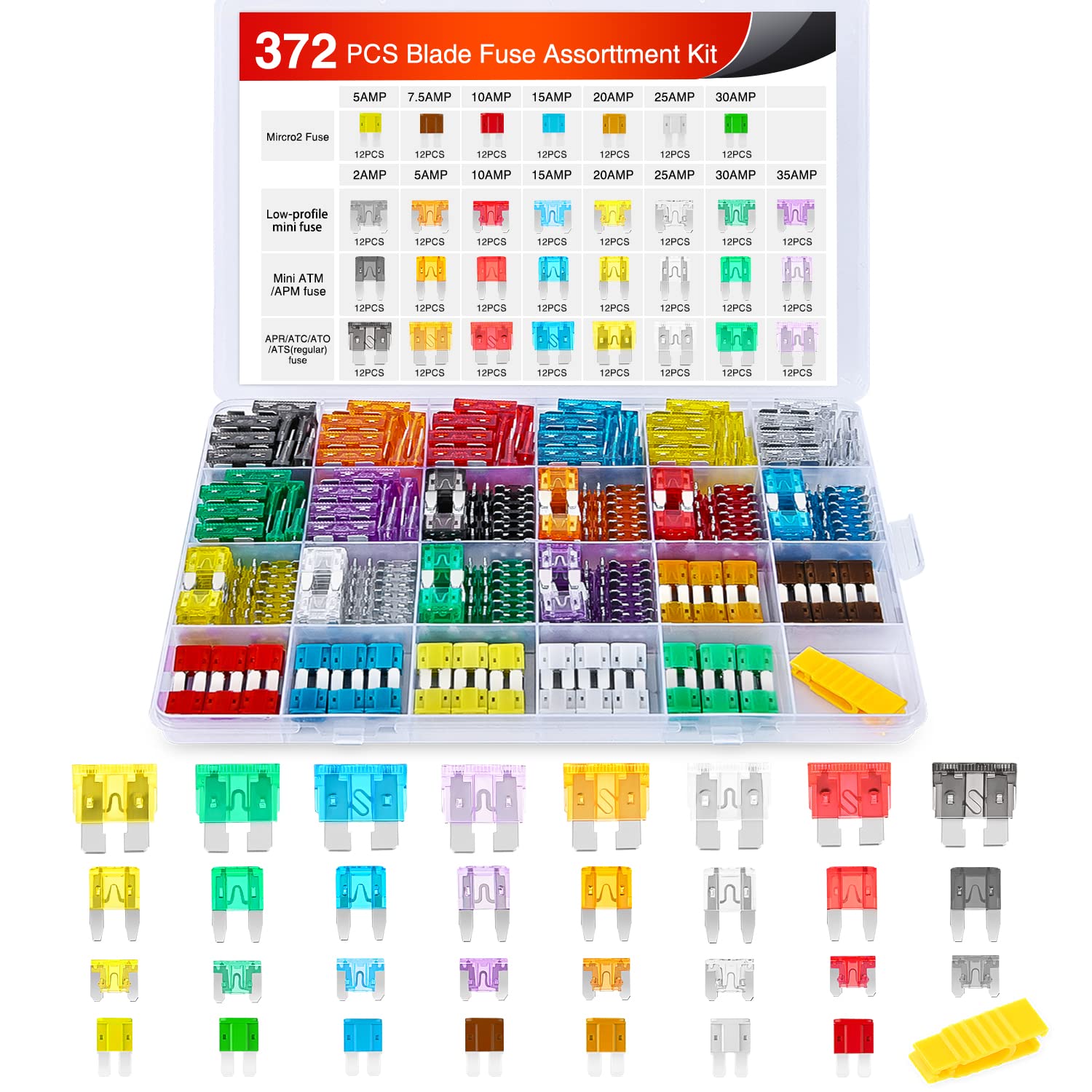 Nilight 372 Pcs Car Fuses Assortment Kit Standard Mini Lp Mini Micro2 Blade Fuse Ato Atc Aps Ats Apr 2A 5A 7.5A 10A 15A 20A 25A 