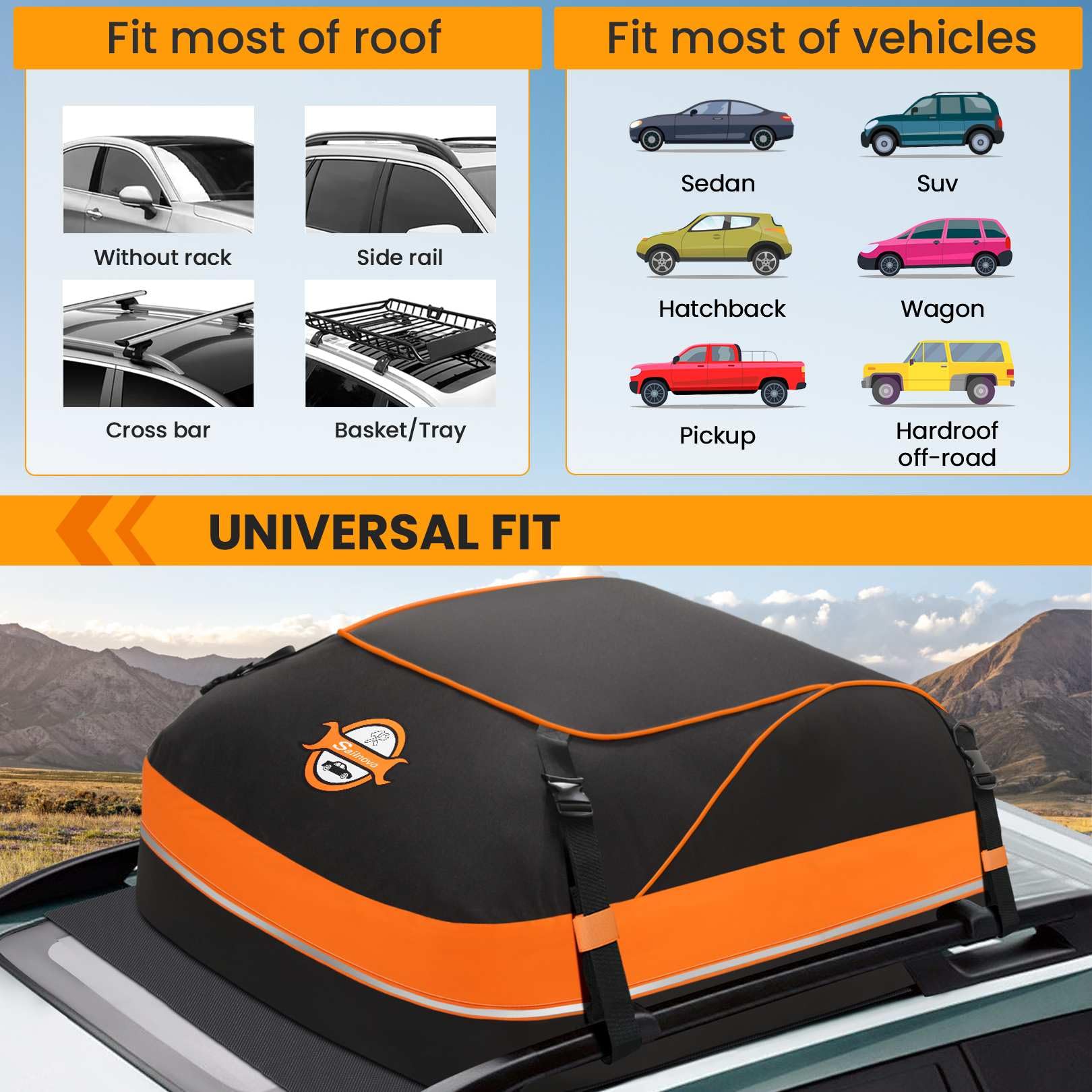Sailnovo Rooftop Cargo Carrier – 15 Cubic Feet Waterproof Soft-Shell with Anti-Slip Mat & Safety Hooks – Orange, Model #ONLD005033