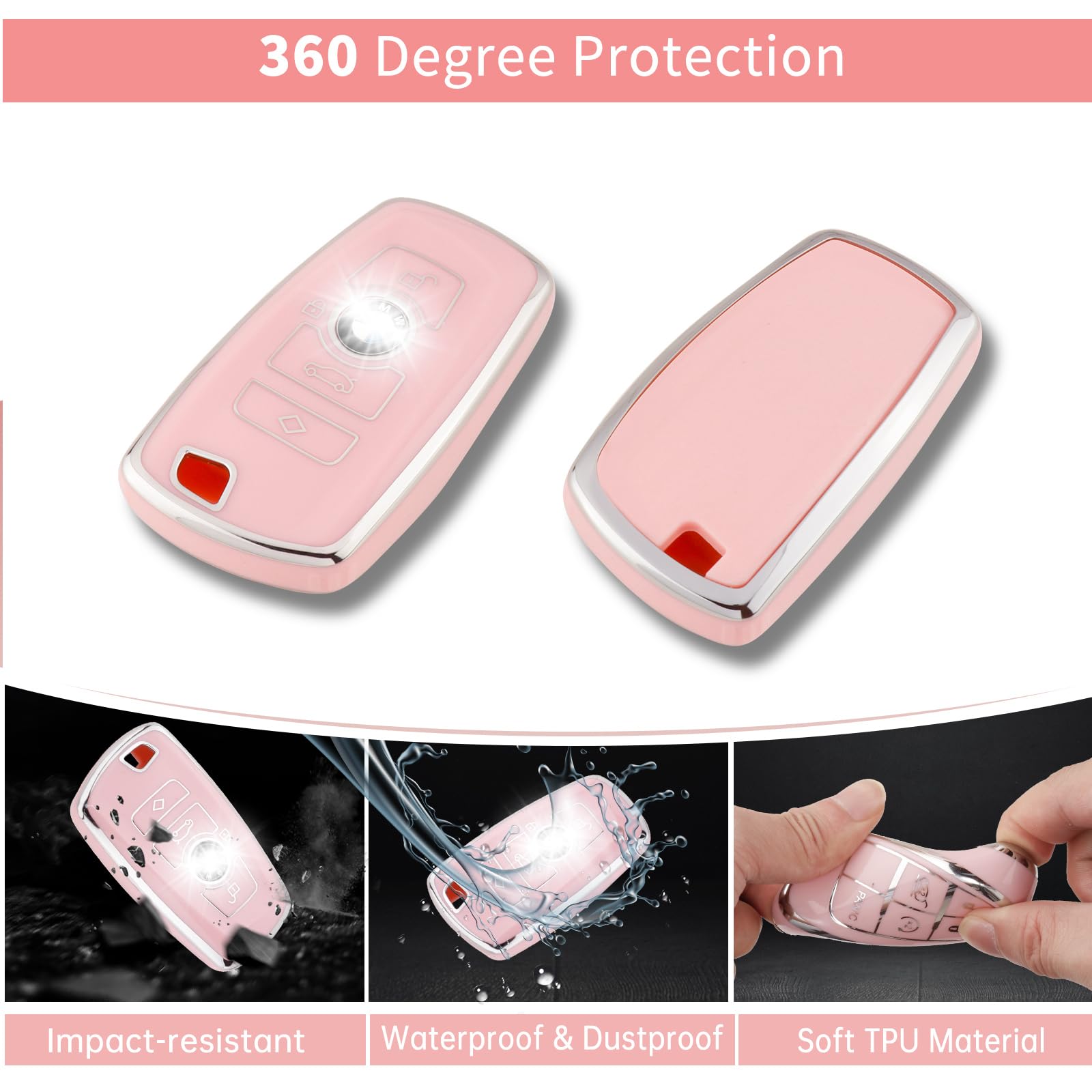 Pangpai Pink Key Fob Cover for BMW, Soft TPU Key Case Protection with Bling Keychain Fit for BMW 2 5 6 7 X1 X2 X3 X5 X6 Series