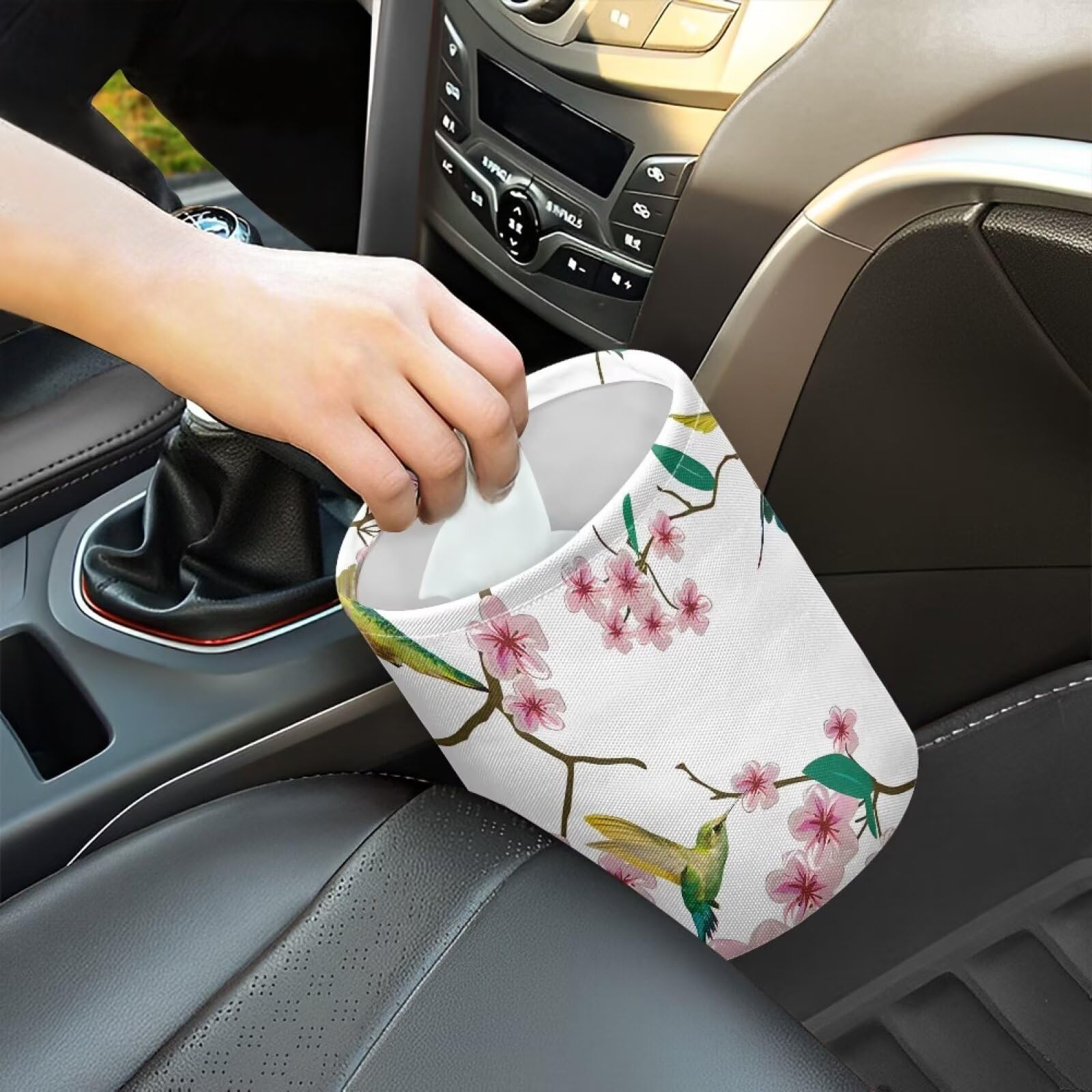 Brosoneto Car Trash Can Pink Cartoon Cherry Blossom Reusable Portable Car Garbage Bin Easy to Clean Collapsible Waste Multipurpo