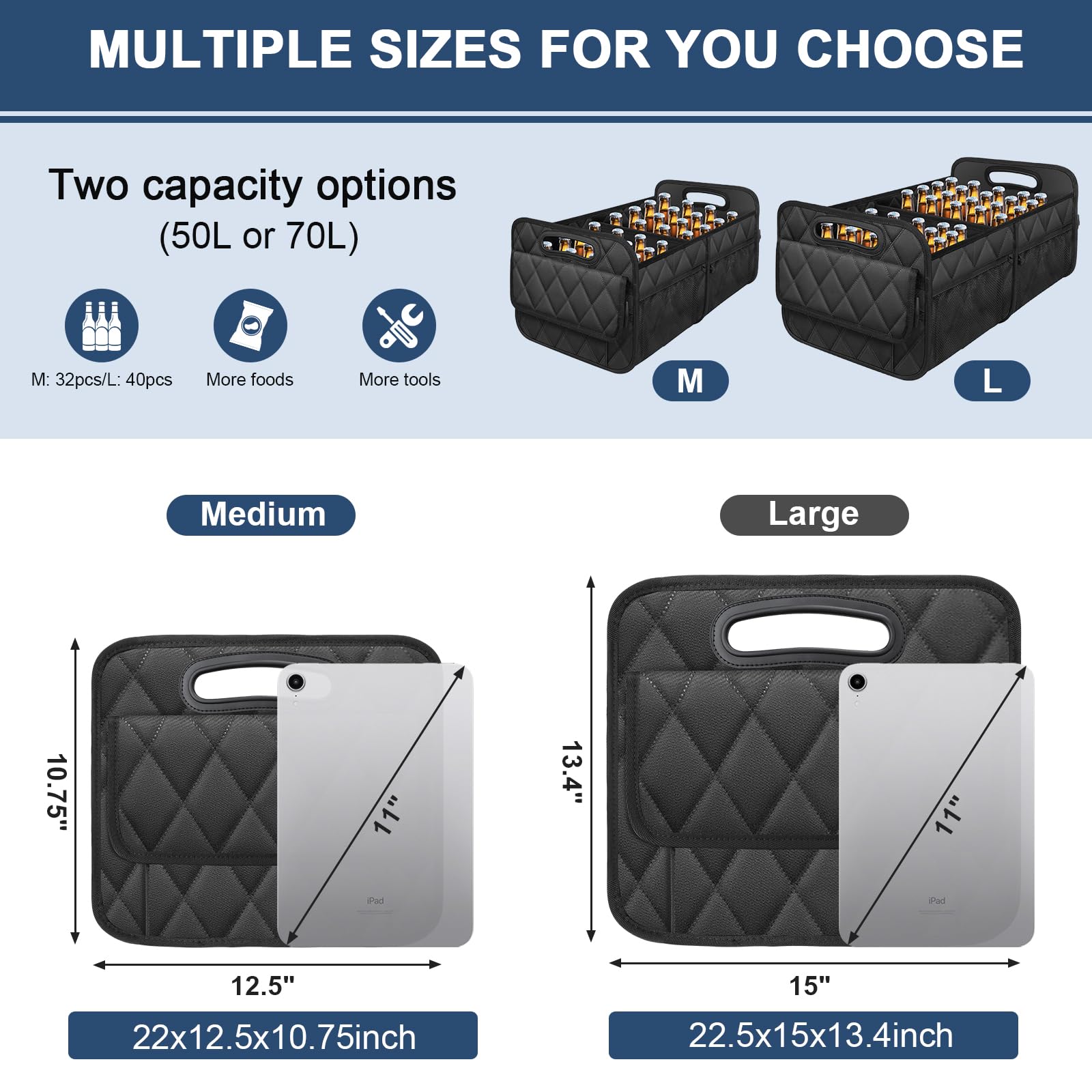Deosk Car Trunk Organizer - 50L Waterproof Polyester, 6 Pockets, Medium Size, Black, Model WXAG-0031