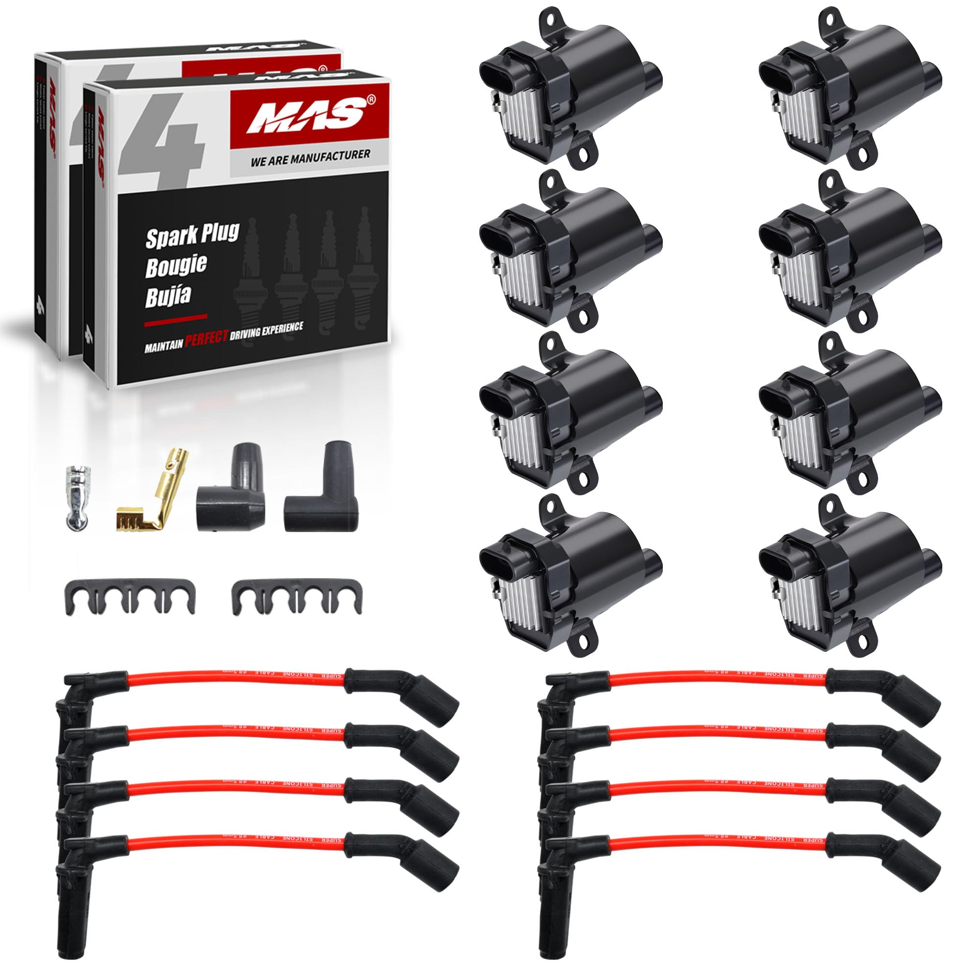 MAS Set of 8 Round Ignition Coil Pack and Iridium Spark Plug and 8.5mm Wire Set Compatible with Chevy Escalade Express Silverado
