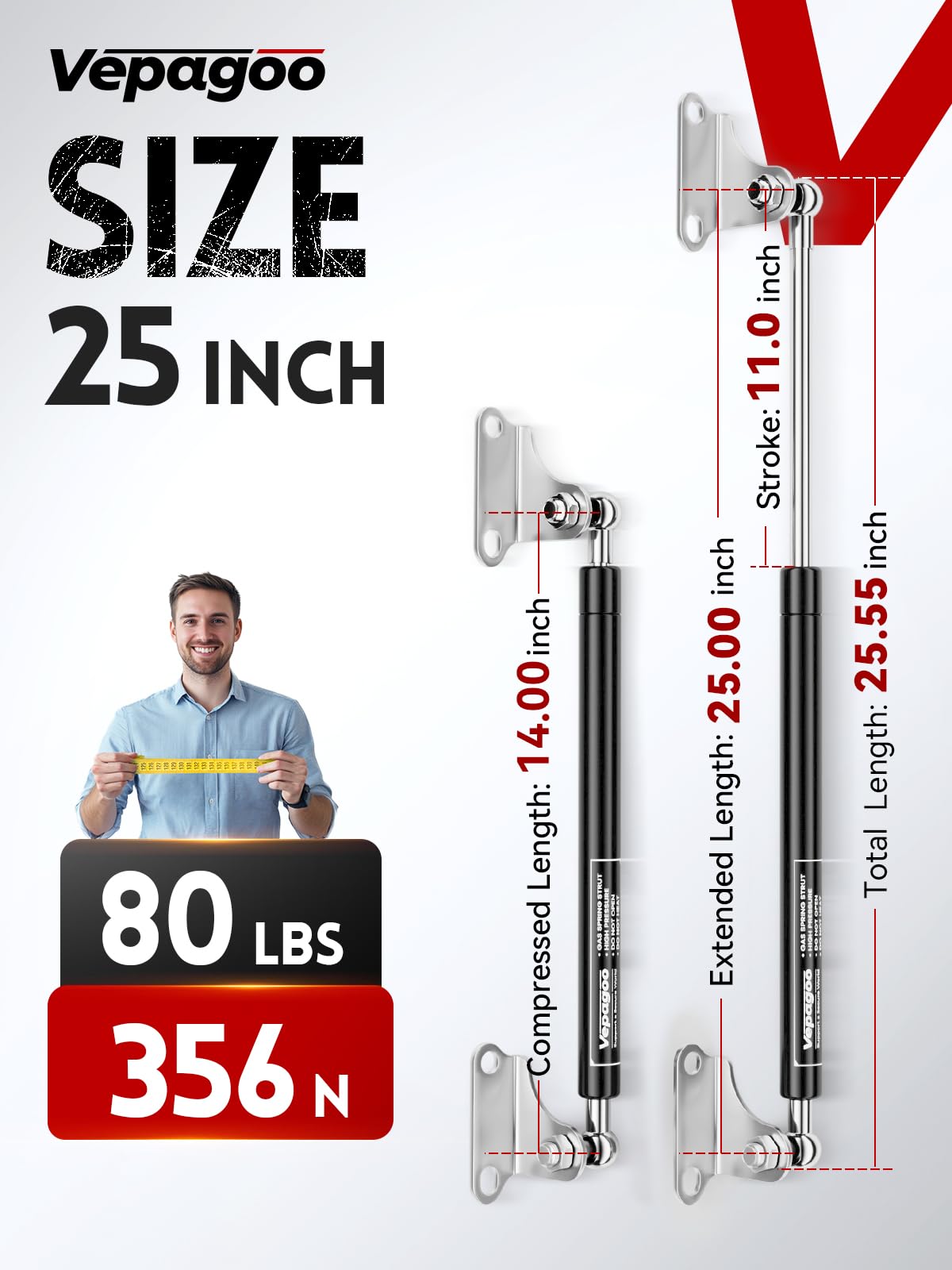 Vepagoo Gas Struts 25 Inch 80Lb/356N Shock With Mounting Brackets, Rv Bed Storage Door Lift Support, Heavy Lid Duty Springs (Fit