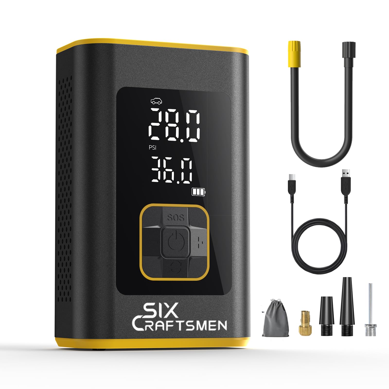 Six Craftsmen Tire Inflator Portable Air Compressor,Powerful 150PSI&4000mAh Cordless Mini Bike Air Pump For Auto, Car Tire Pump 
