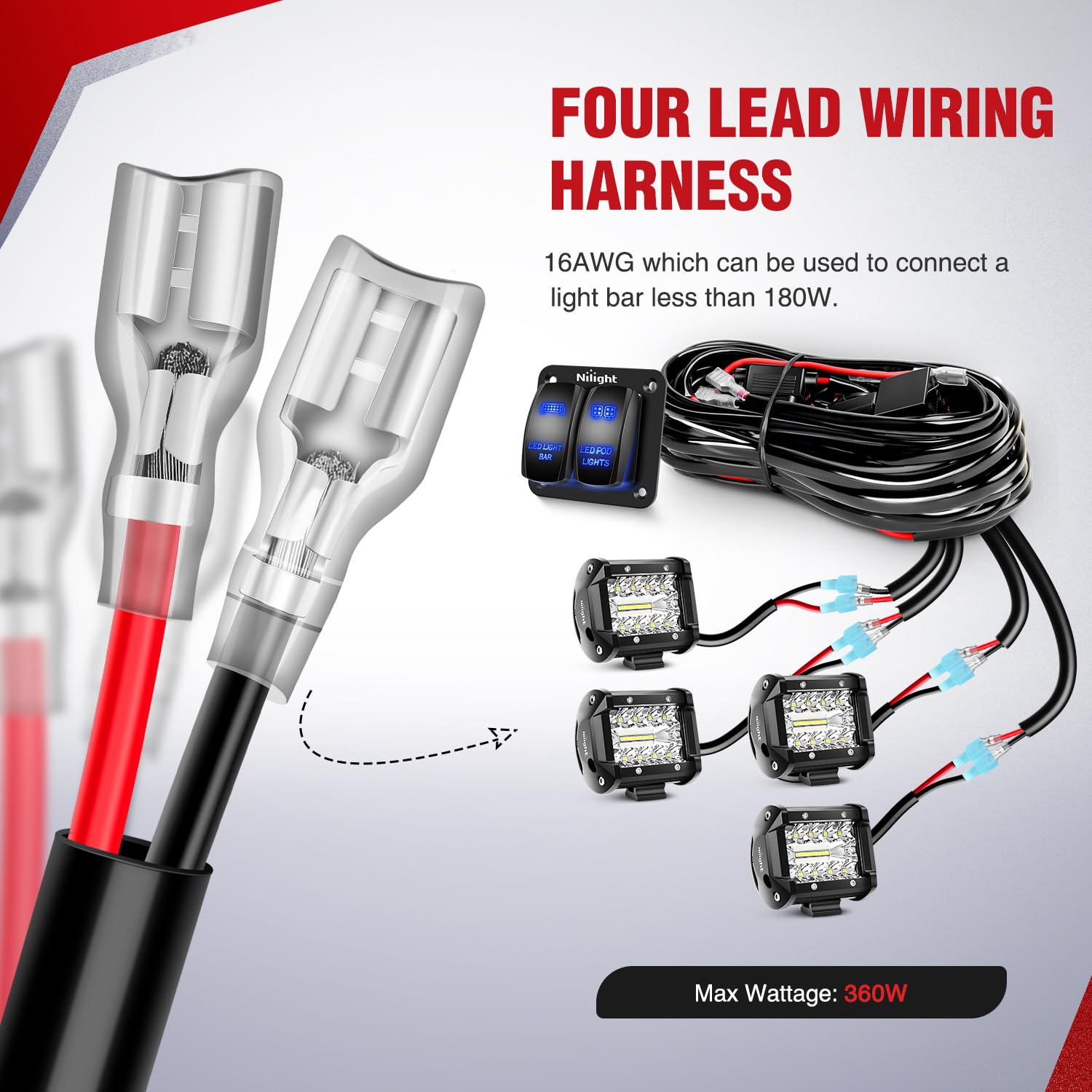 Nilight 16Awg Led Light Bar Wiring Harness Kit 12V On/Off 2 Gang Rocker Switch Panel Power Relay Blade Fuse 5Pin Toggle Switches