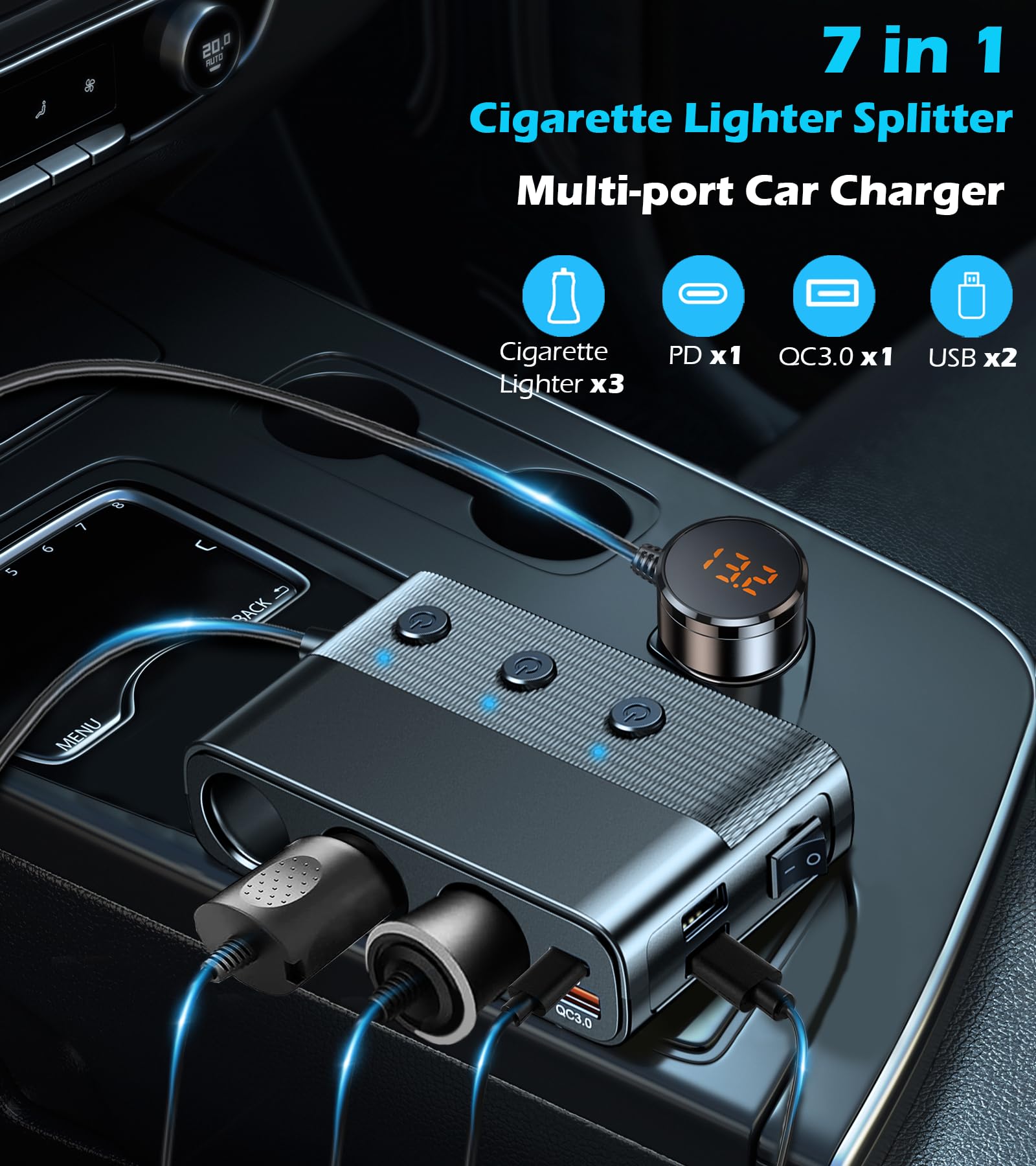 LIHAN Cigarette Lighter Splitter,3 Socket Car Charger Adapter, Type-C QC3.0 PD 30W Charging, Dual USB Charging Ports, Independen