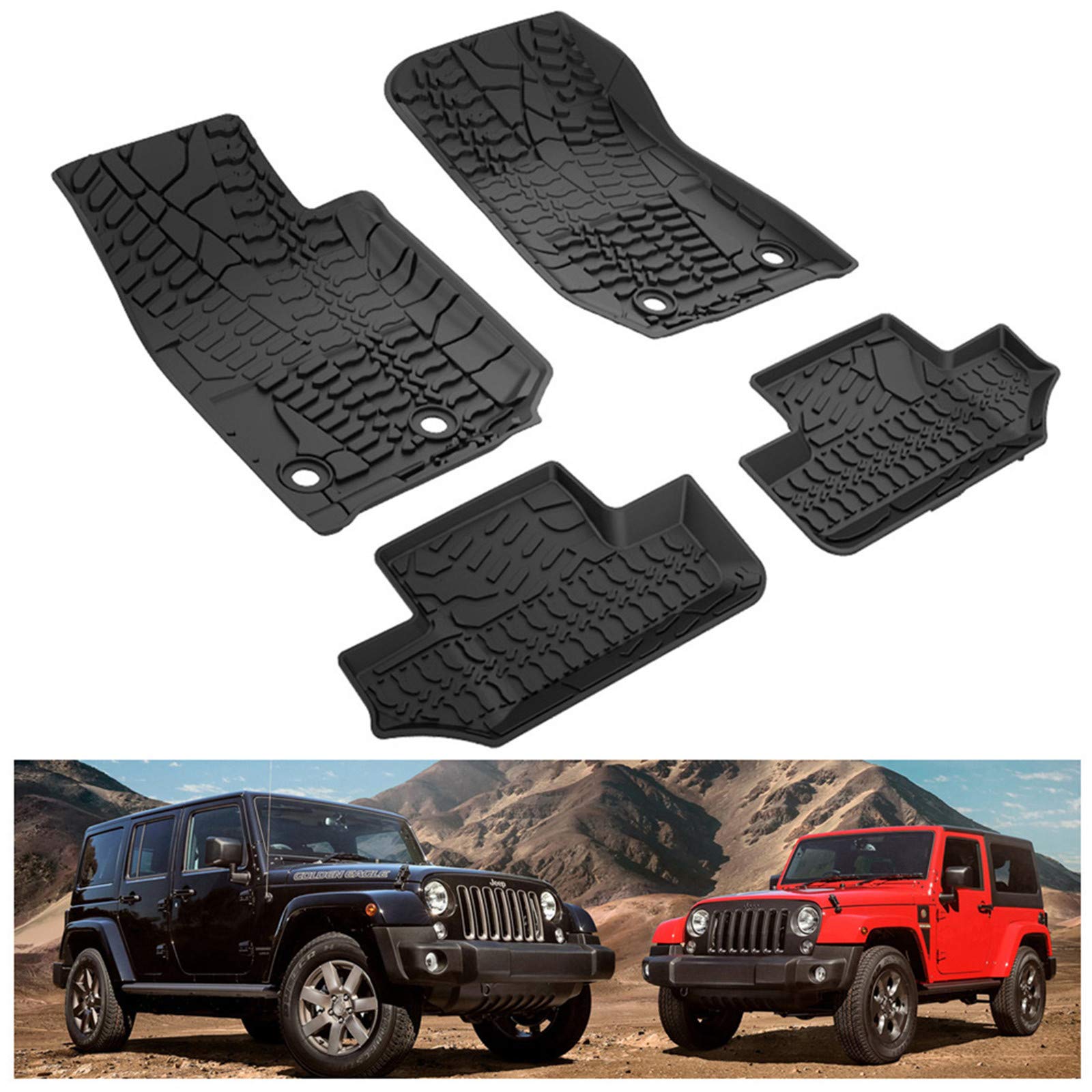KIWI MASTER Floor Mats for 2014-2017 Jeep Wrangler JK 2-Door Front & Rear 2 Row All Weather TPE Mat Slush Liners Black