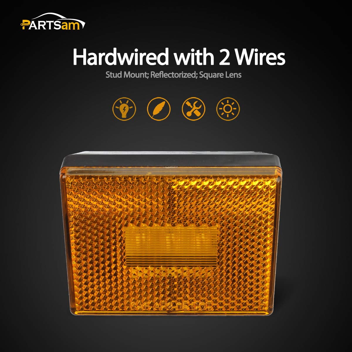 Partsam 4Pcs Amber Square Clearance Side Marker Light Trailer Rv W Reflex Reflector, 2-4/5'' Rectangular Amber Stud-Mount Led Ma