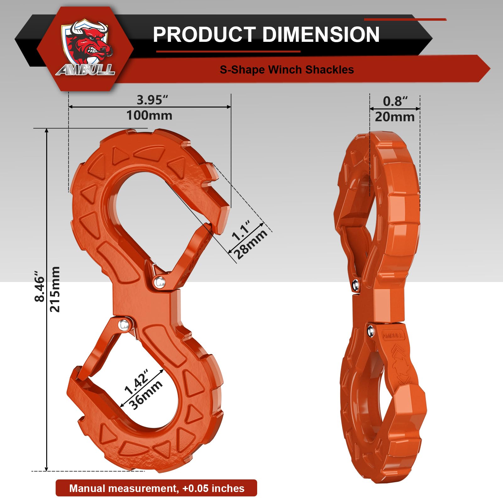 AMBULL 3/8 Tow Hook - G80 Heavy Duty Winch Hook, 33000 Lbs Capacity, Orange, Model S-HOOK, Ideal for Off-Road Recovery and Towing