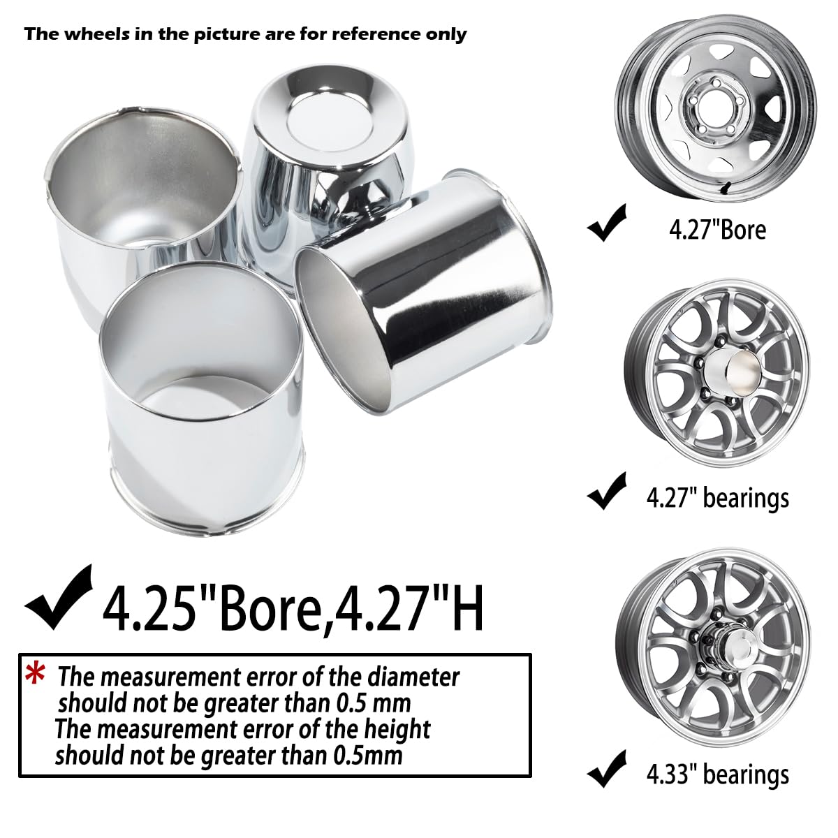 Rheedal 4Pcs 4.25" Chrome Trailer Wheel Center Caps, Carbon Steel, Mirror Polished, Concave & Open Styles for Truck/SUV/RV
