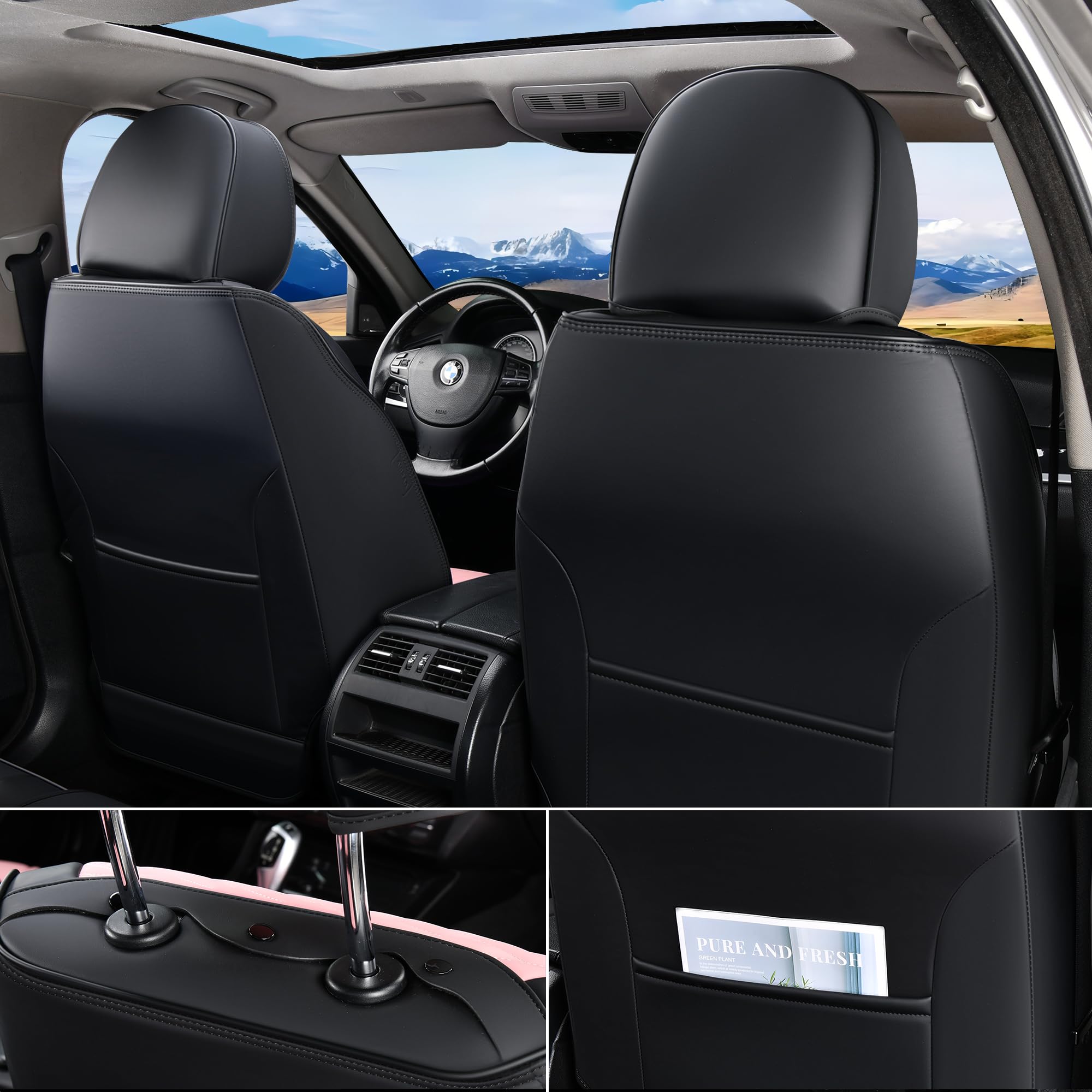 FLORICH Leather Front Seat Covers 2 Pack, Waterproof Black & Pink, Universal Fit for Cars, Trucks, SUVs - KWZ-204 Series