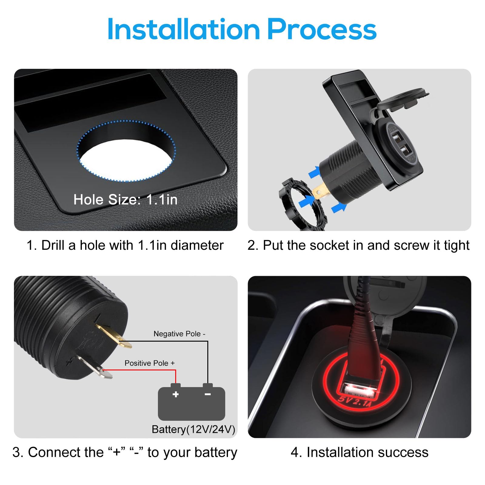 Linkstyle 12V Usb Outlet, Dual 5V 2.1A Usb Charger Socket, Waterproof Power Outlet With Red Led, Usb Car Socket Dual Charging Po
