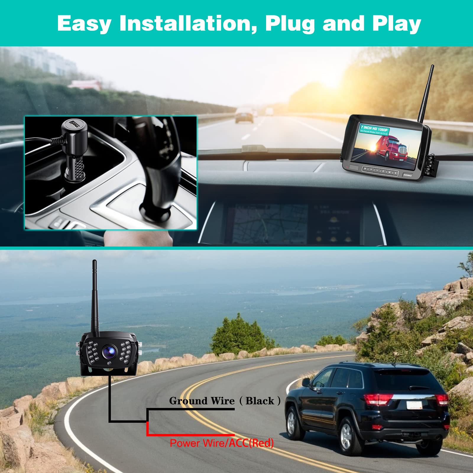 Nuoenx Wireless Backup Camera, 7 Inch Monitor Rear View Camera System For Rv, Trailers, Trucks, 5Th Wheels, Support 2 Cameras, I