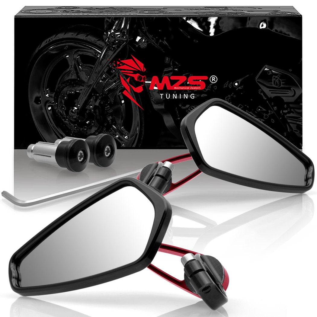 MZS Motorcycle Bar End Mirrors, Red 7/8 Universal Rear View Mirror Standard Hollow Side Compatible with Street Sport Naked Road 