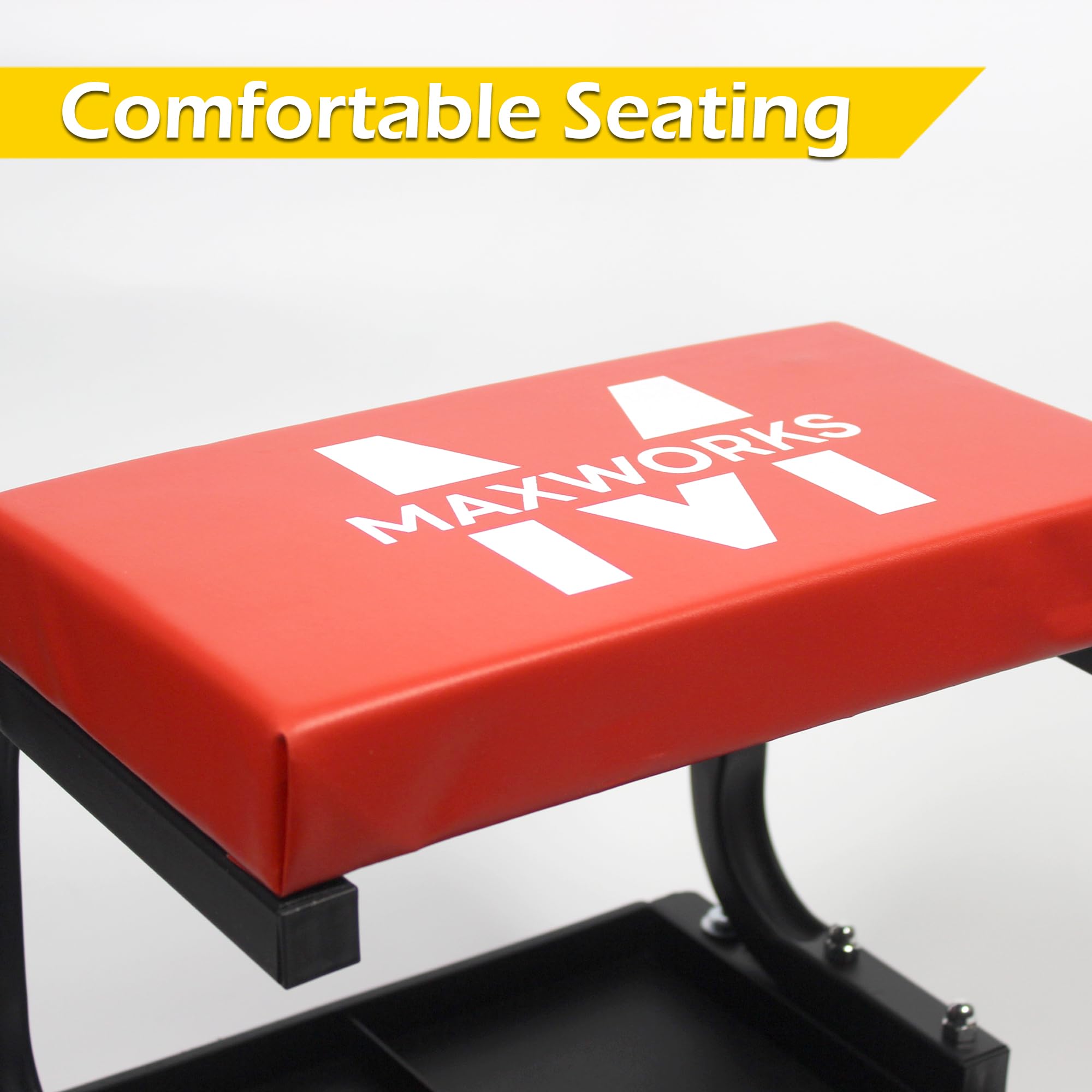 MaxWorks 50875 Mechanics Roller Seat - Heavy Duty 250 lb Capacity, Rolling Creeper Stool with Padded Seat, Black/Red