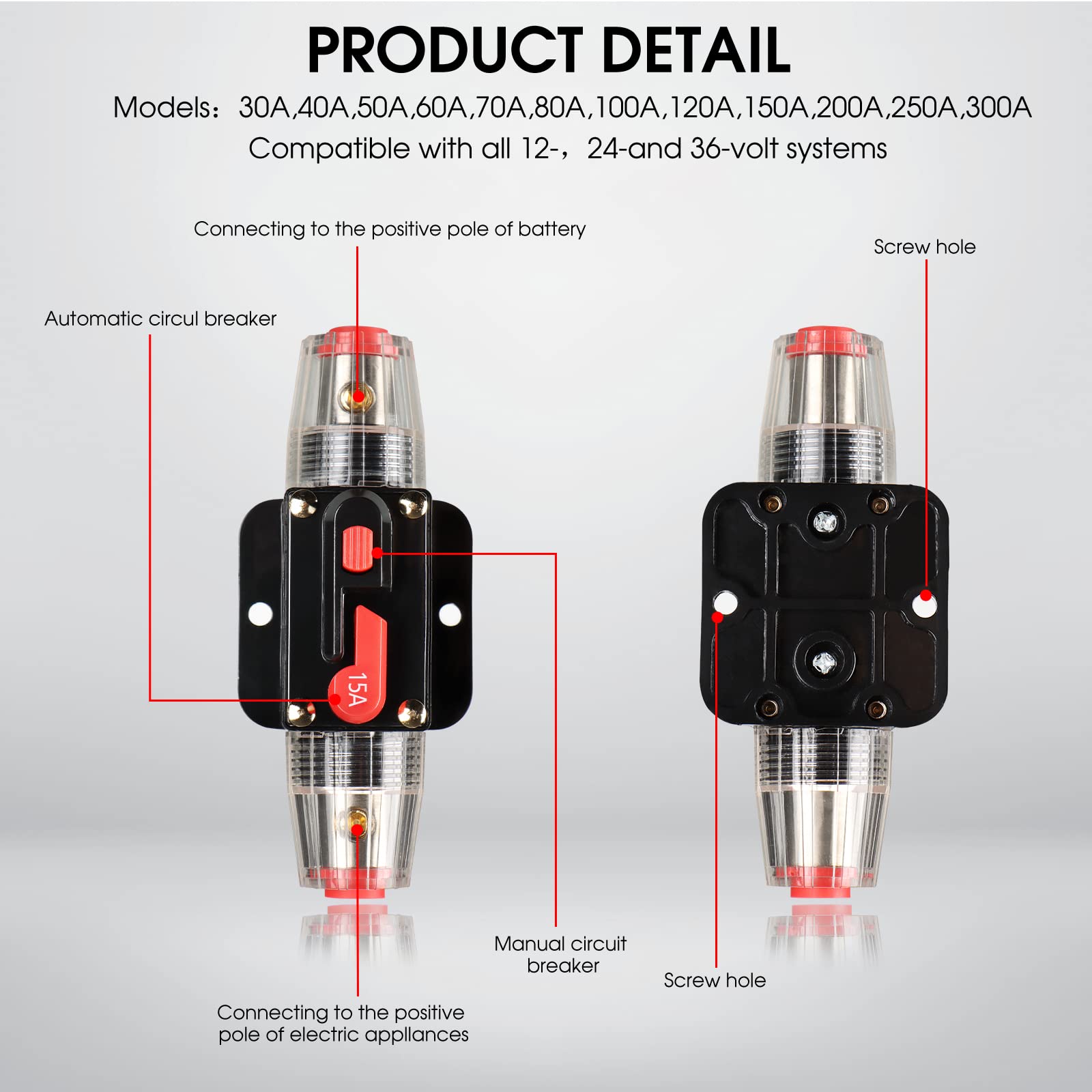 M1A2 Circuit Breaker Switch 15A Waterproof Fuse Inline Holder Resettable Fuse Manual Reset 12V-48V Dc For Car Audio Sound Amplif