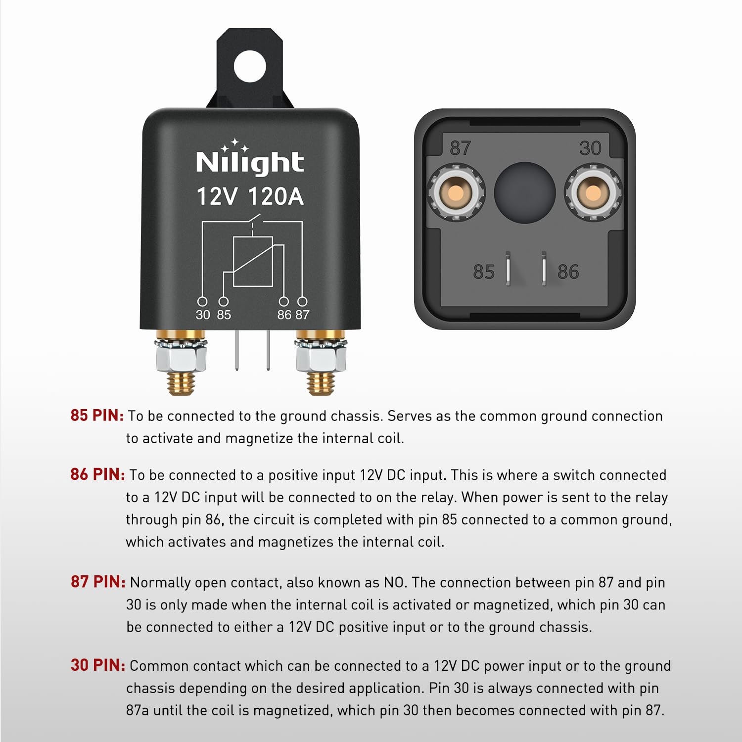 Nilight 120A 2PC Starter Relay - 4 Pin 12V SPST High Current Control for Car, Truck, Camper - Model 50216A