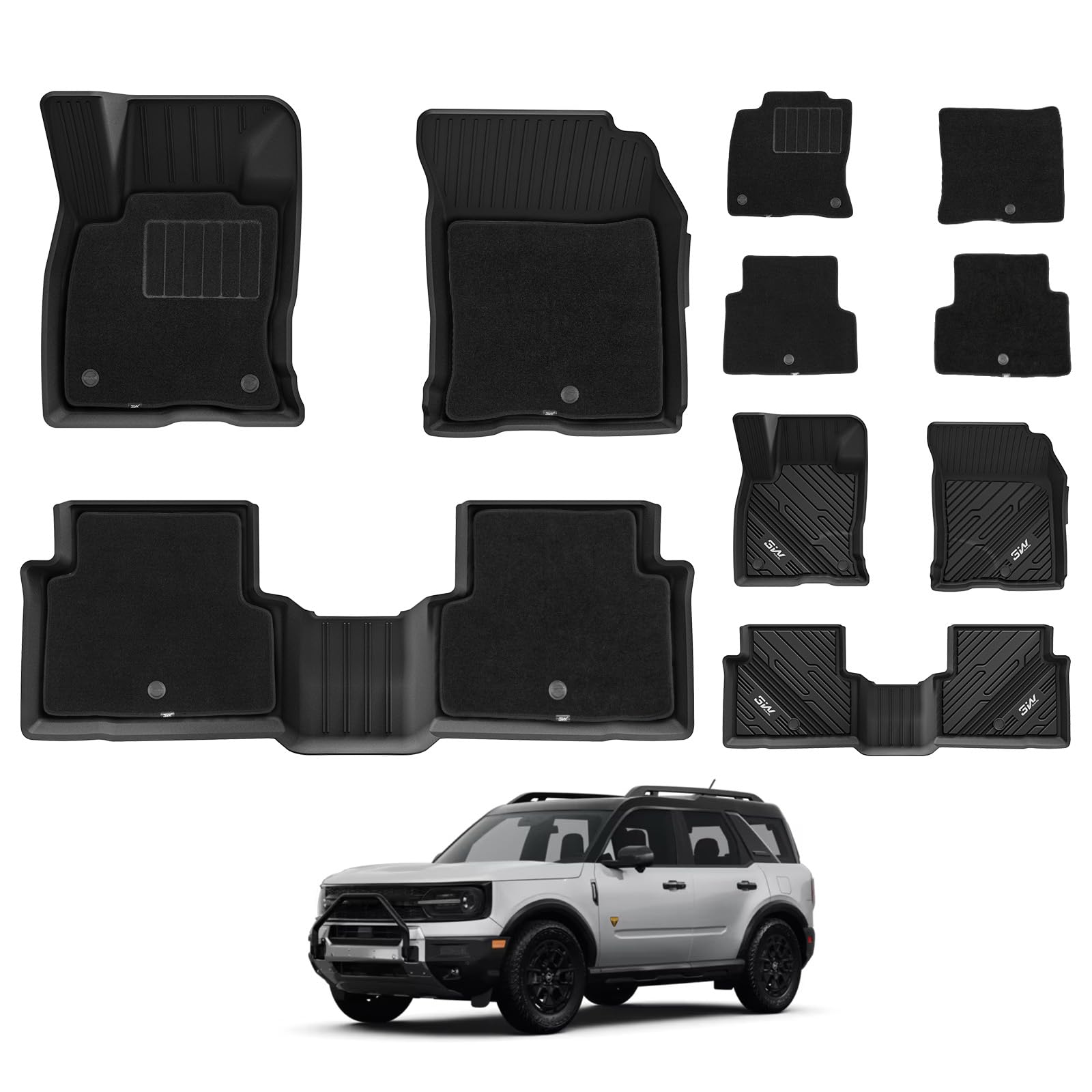 3W Floor Mats & Carpets (1st and 2nd Rows) Fit for Ford Bronco Sport 2021-2024 All Weather TPE Car Accessories Custom Fit Full S
