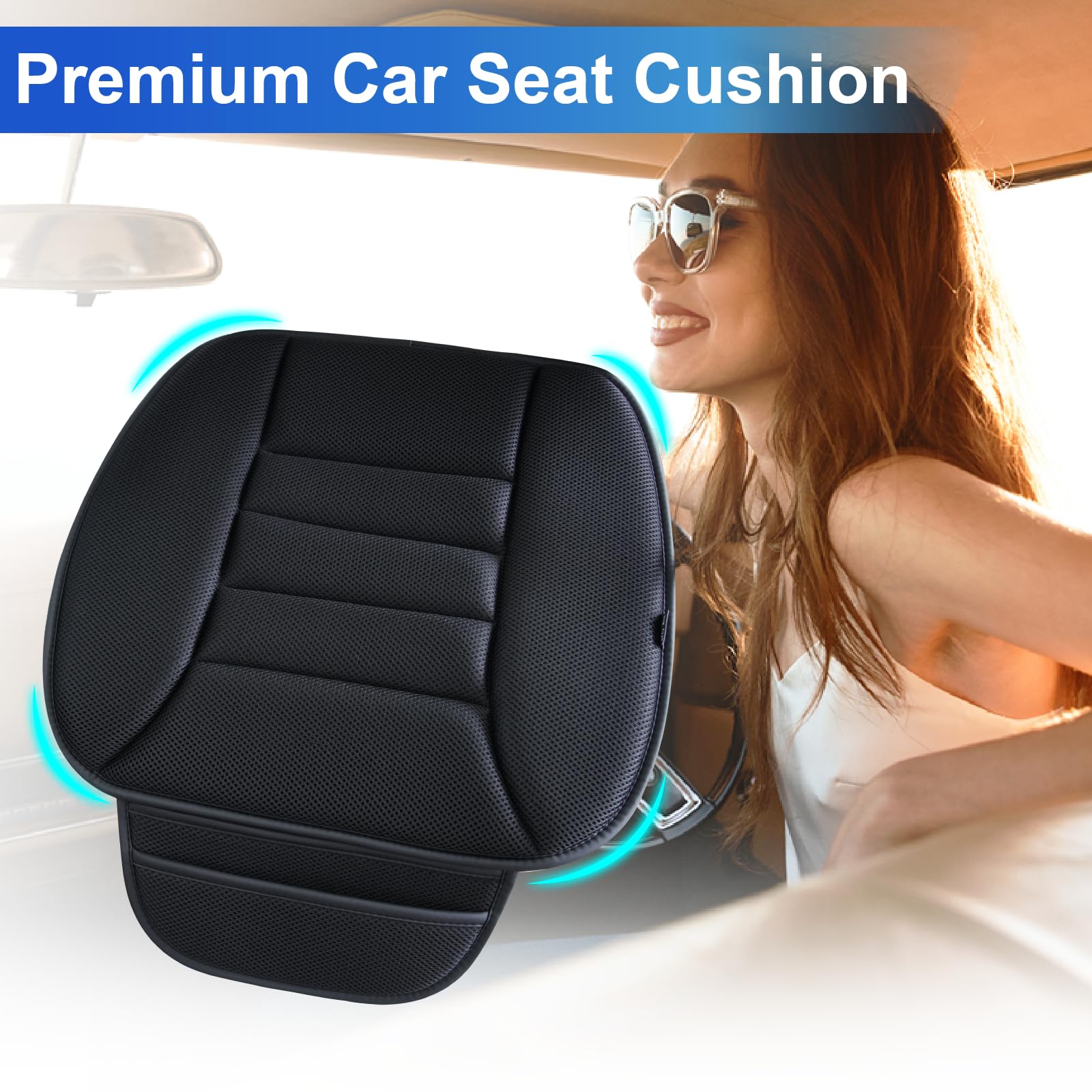 Lofty Aim Car Seat Cushion - Comfort Memory Foam, Non-Slip Rubber Bottom, 19.7" x 19.7" x 1.5", 4D Mesh, Black