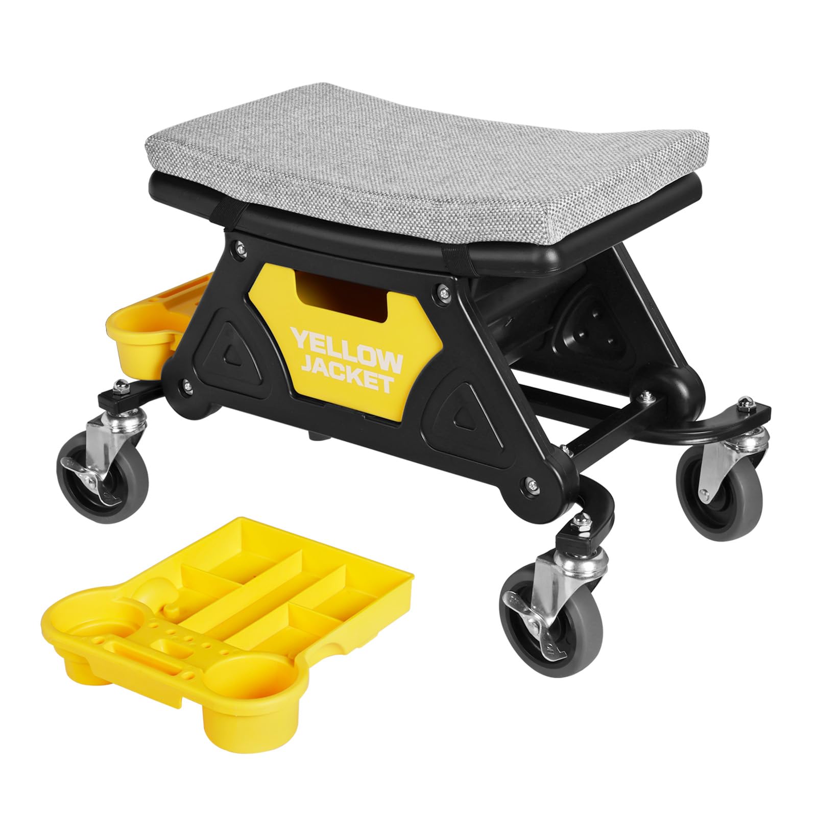 YELLOW JACKET Garage Mechanics Seat with Two Tool Tray and A Drawer, Mechanic Stool with Wheels 300 lbs Capacity, Workshop Creep