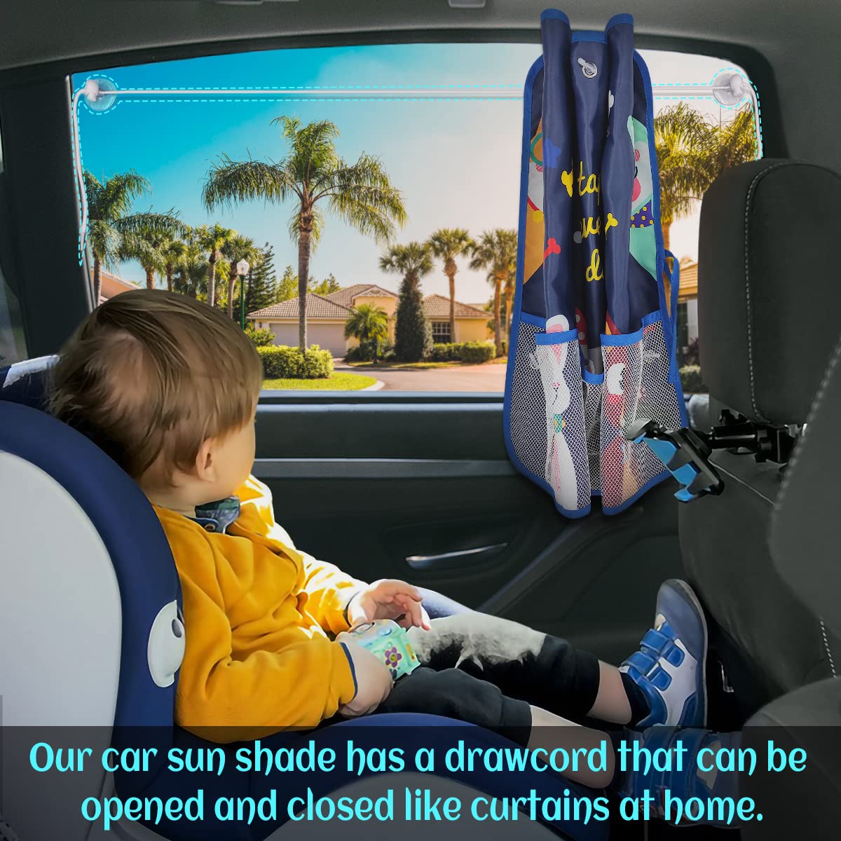 DIZA100 Car Window Shade for Baby(2 Pack), Blackout Car Sun Shades with Storage Pockets 7 Suction Cups Car Window Curtain Cute P