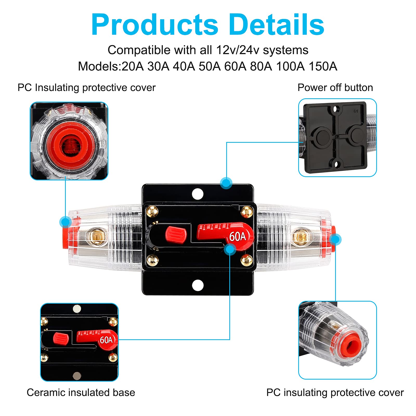 60 Amp 12V-24V Dc Fuse Holder,Audio Circuit Breaker,Auto Car Stereo Inline Fuse Holders, Manual Reset,For Car Audio Marine Boat
