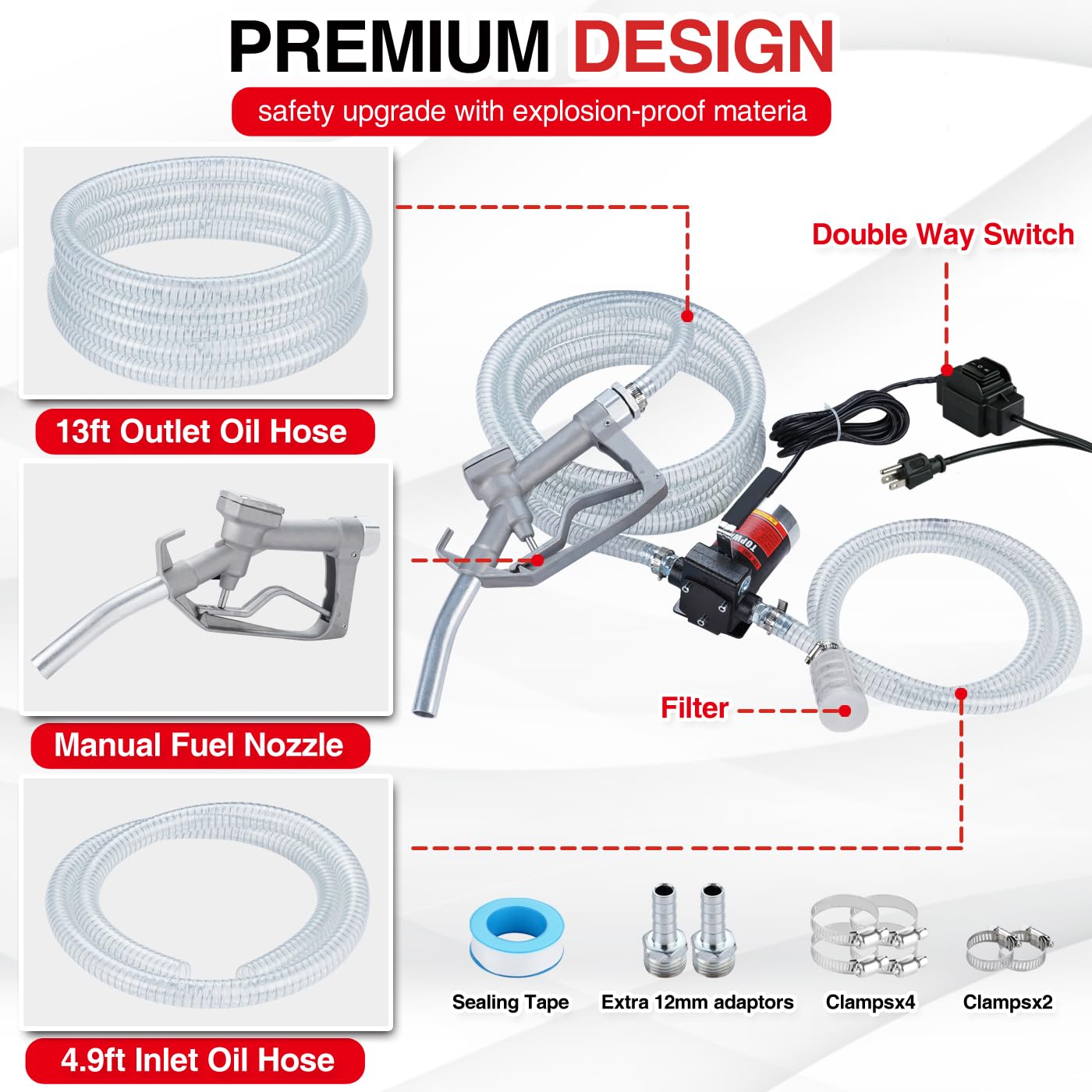 Topway 110V Gasoline Fuel Pump Kit, Self-Priming Oil Transfer Pump With Handle, Reversible Pumping, Overheat Protection, Explosi