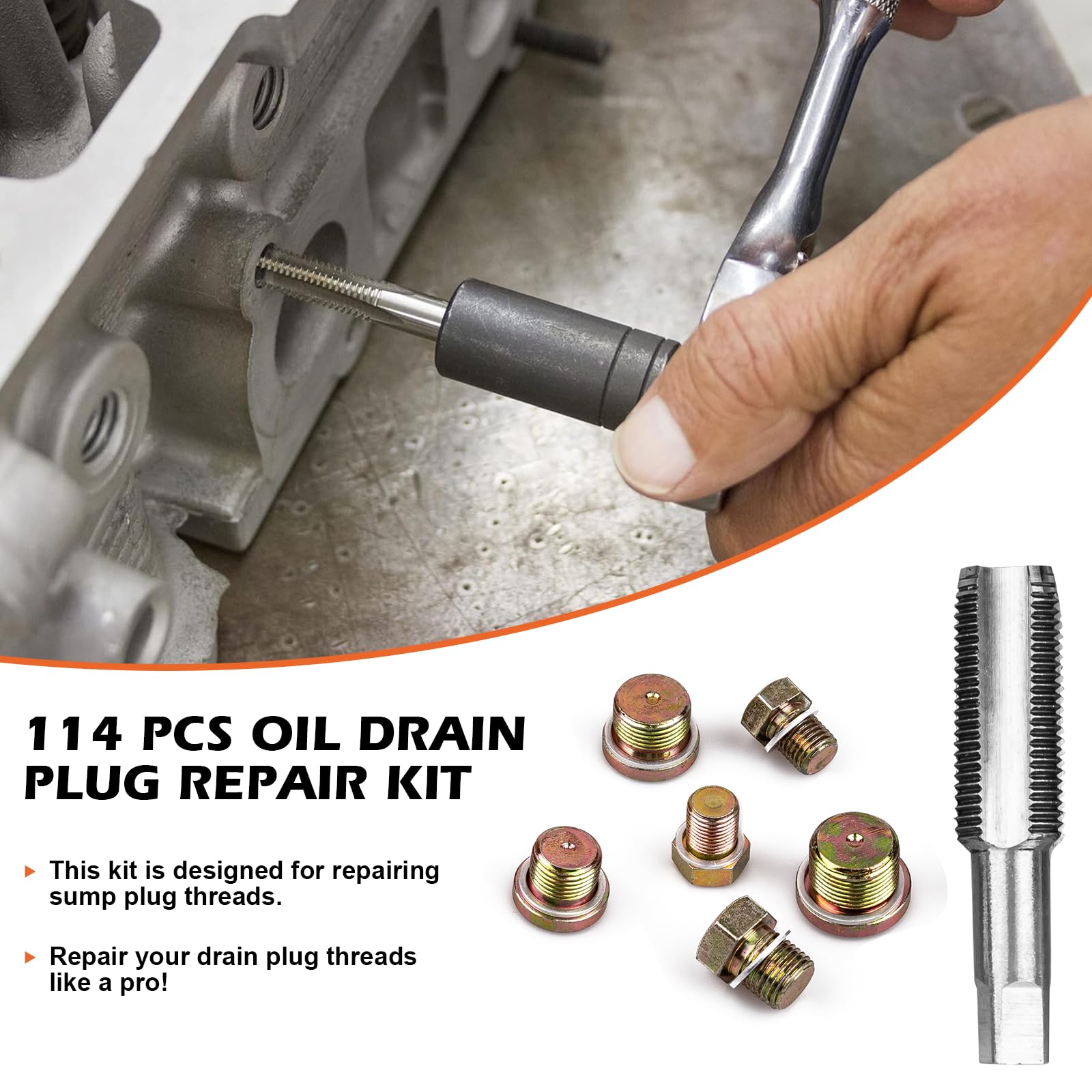 Luney 114PCS Oil Pan Drain Plug Repair Kit, Oil Drain Plug Removal Thread Repair Tool Kit, Drain Pans Automotive Rethreading Too