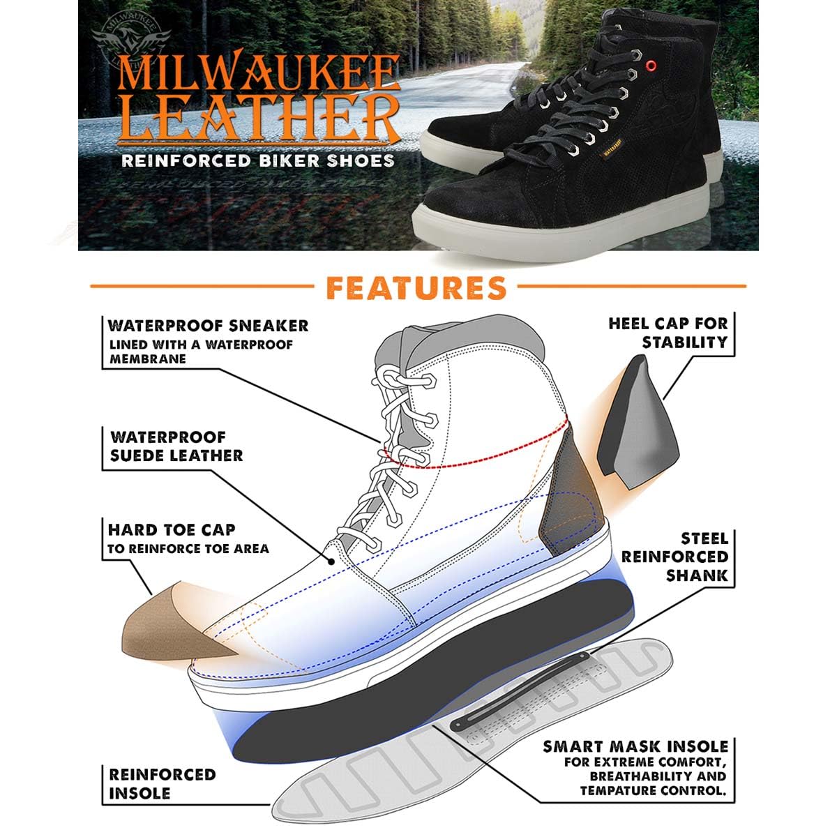 Milwaukee Leather MBM9155 Men's Black Suede Leather Reinforced Street Riding Waterproof Shoes w/Ankle Support - 9
