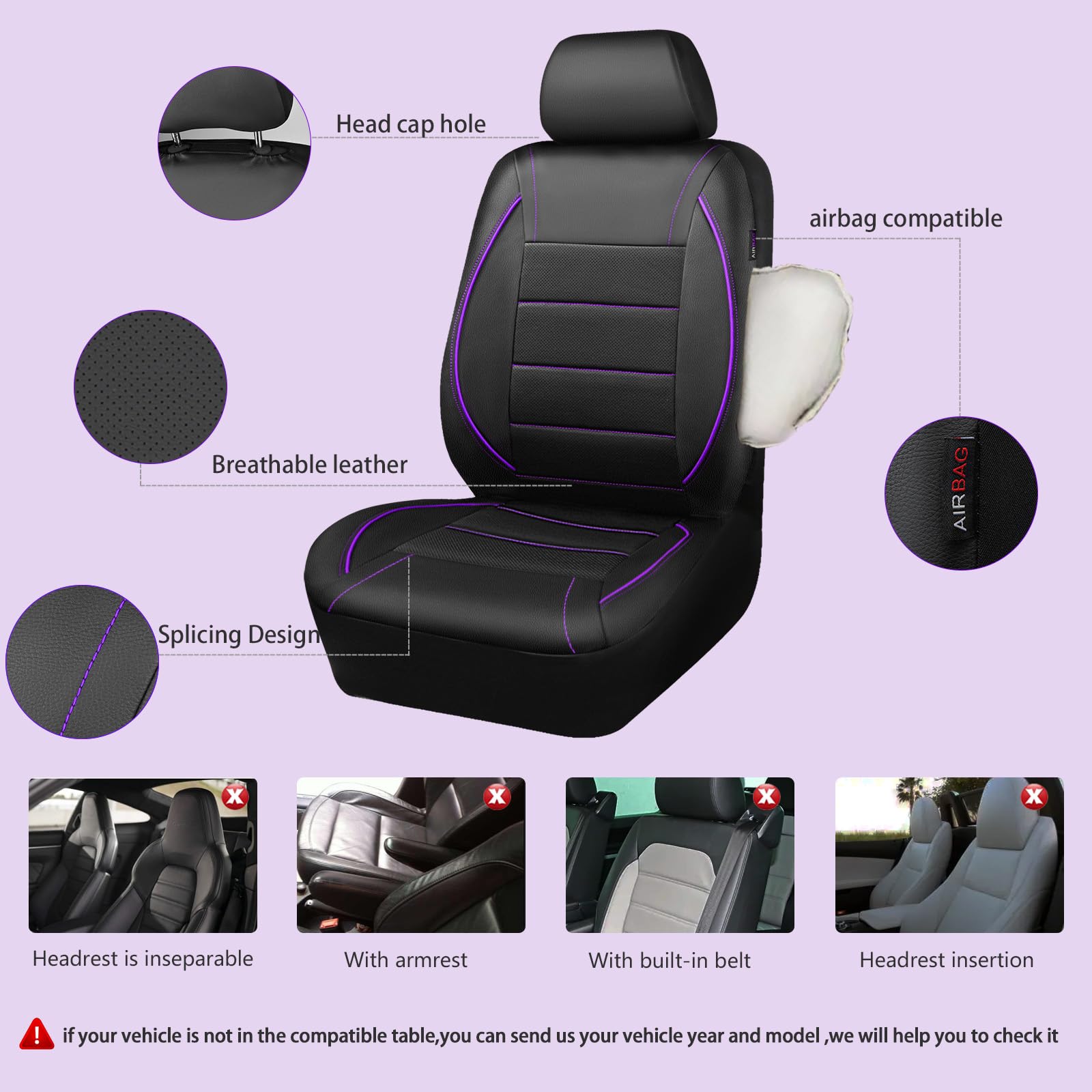 CAR PASS PU Leather Car Seat Cover Full Set, Airbag Compatible, Black & Purple