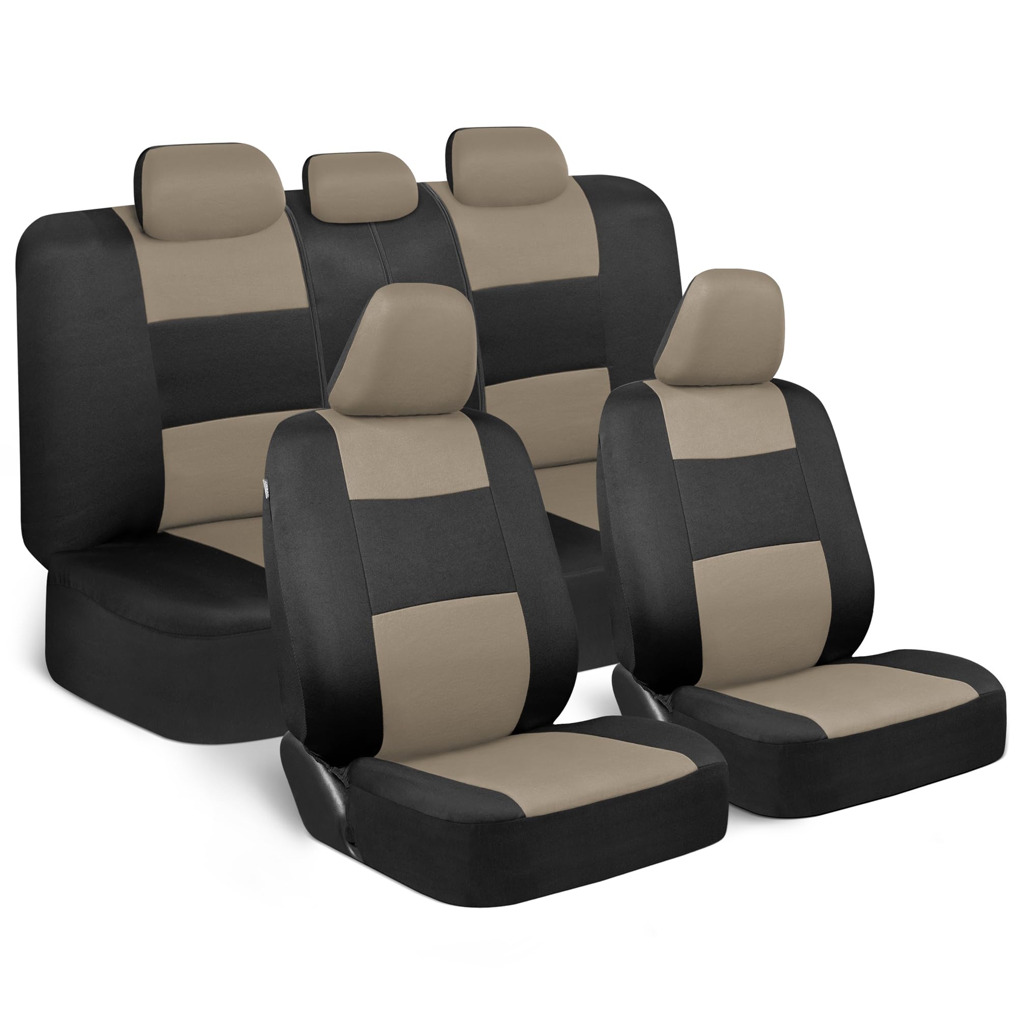 BDK PolyPro Car Seat Covers Full Set in Light Beige on Black, Front and Rear Split Bench Seat Covers for Cars, Easy to Install C