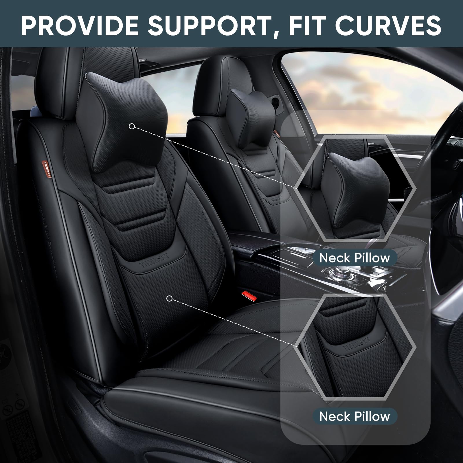 Tiehesyt Black Car Seat Covers Full Set, Breathable Leather Automotive Front And Rear Seat Covers With Headrest, Waterproof Auto