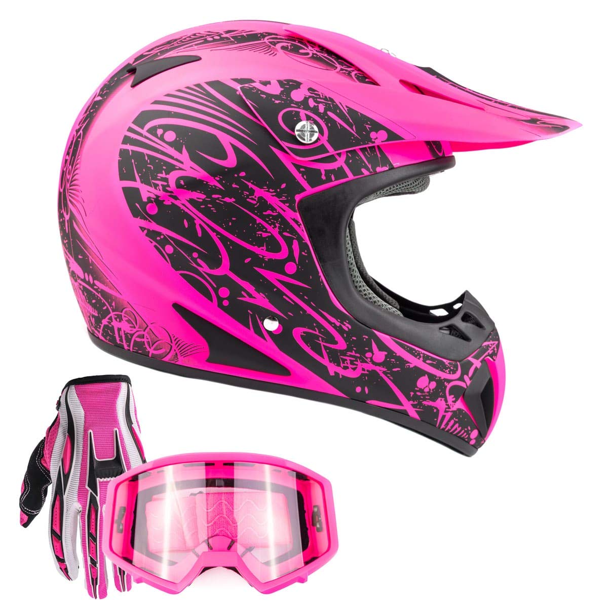 Typhoon Adult Women'S Dirt Bike Atv Helmet Motocross Goggles And Gloves Combo - Matte Pink With Pink ( Large )