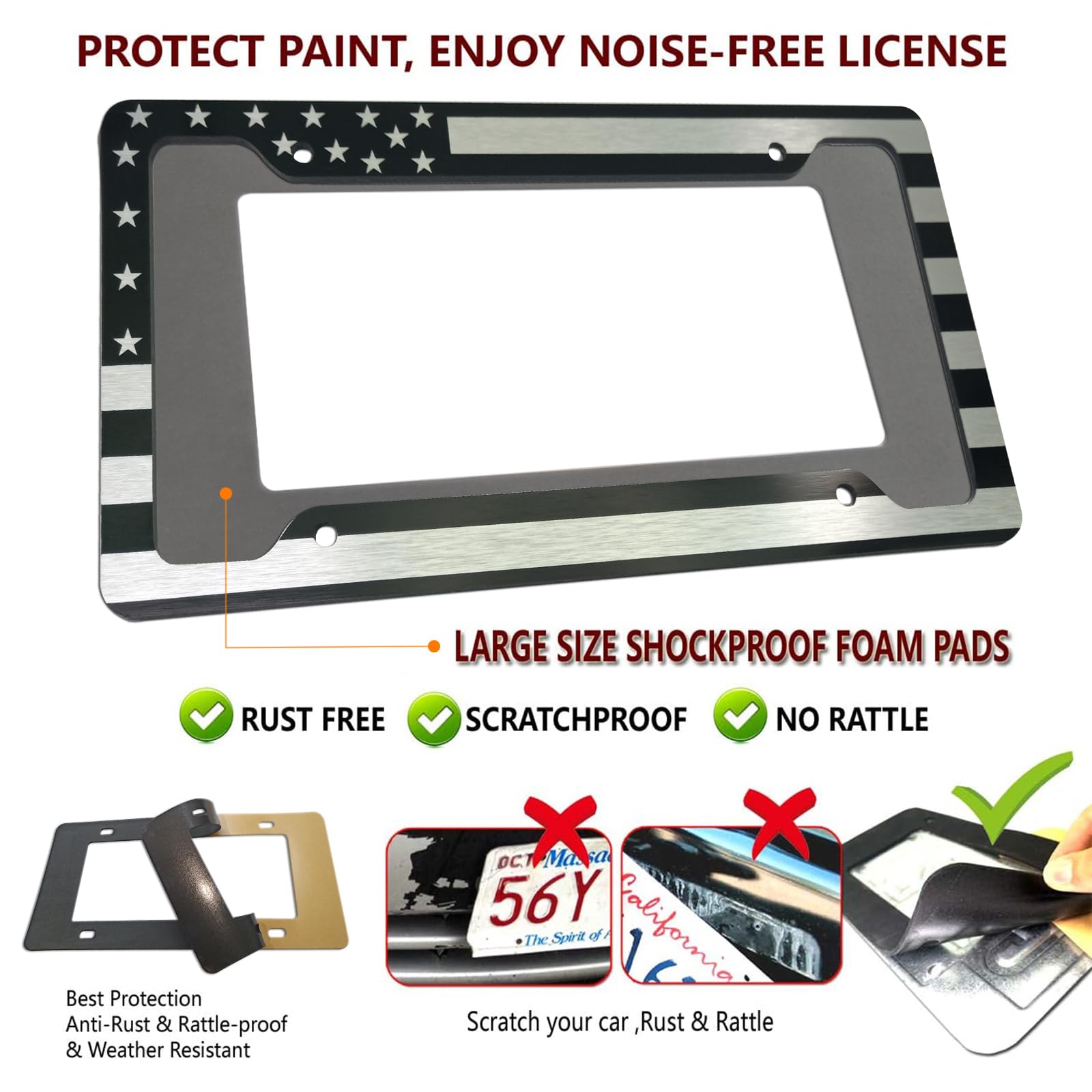 Aootf American Flag License Plate Frame - Usa Aluminum Metal License Plate Cover Auto Car Truck Tag Holder Thin Blue Line Black