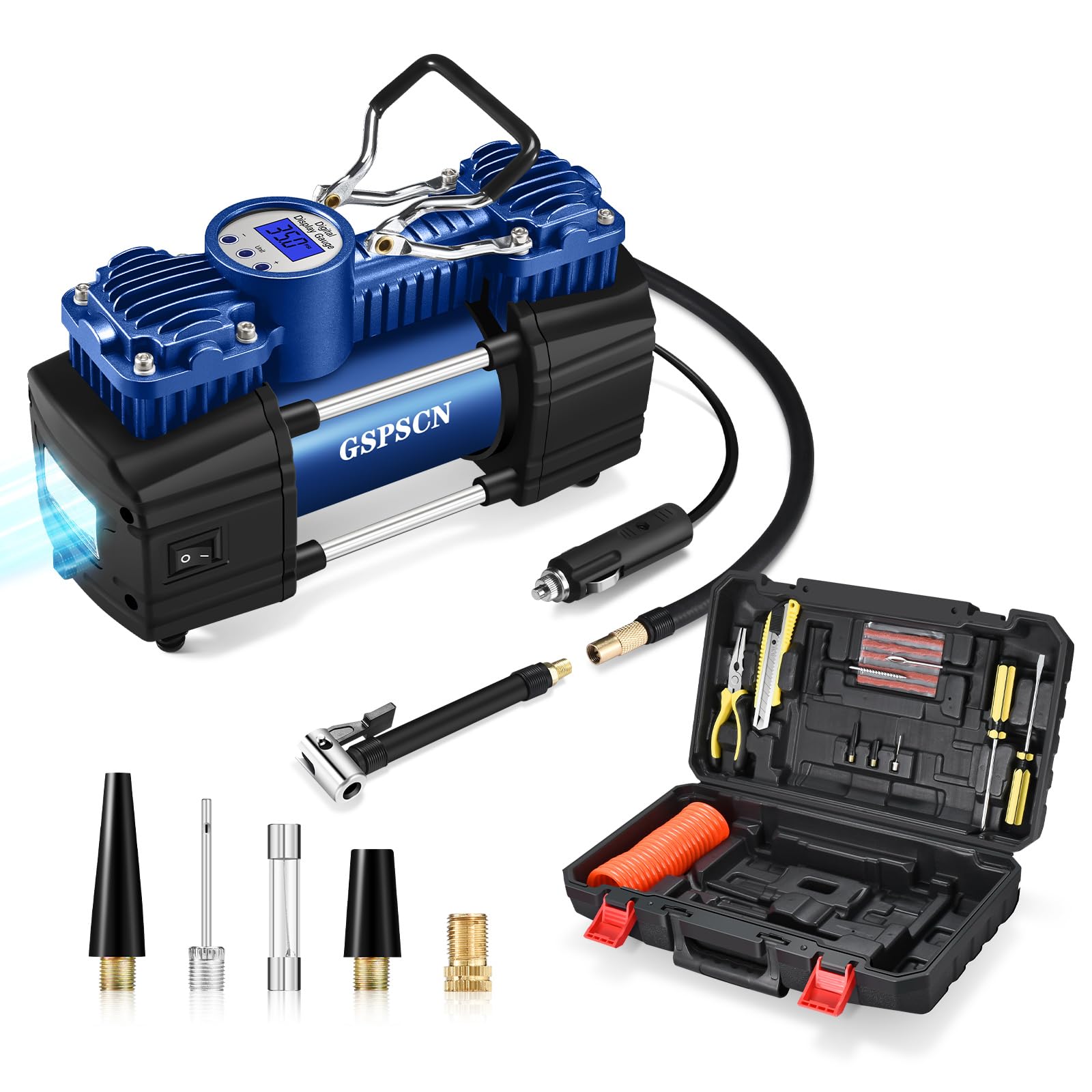 Gspscn Portable Air Compressor Pump Tire Inflator With Digital Gauge, Heavy Duty Double Cylinder 12V Tire Pump 150 Psi With Tire