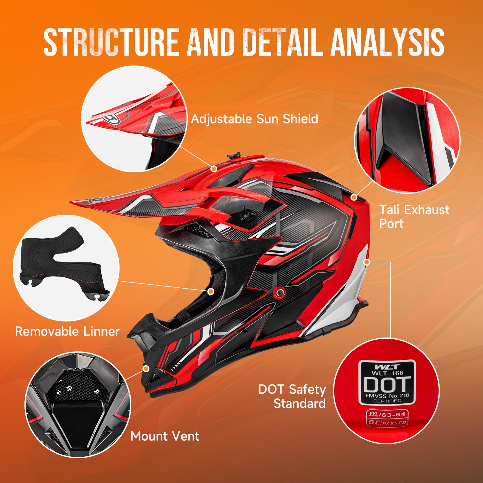 Oumurs Adult Dirt Bike Helmet ATV with Goggles, Gloves & Mask, XL, Red Black, ABS Plastics, DOT/FMVSS-218, Off-Road Motocross