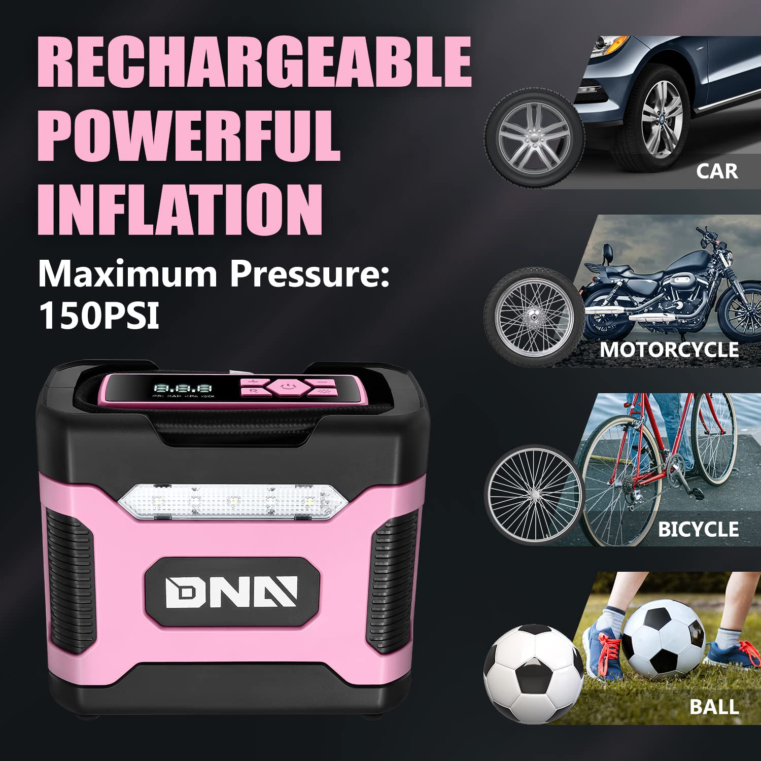 DNA MOTORING Portable 12V DC Digital Tire Inflator Air Compressor, Pink, Model TOOLS-00212, with Pressure Gauge for Cars and Bicycles
