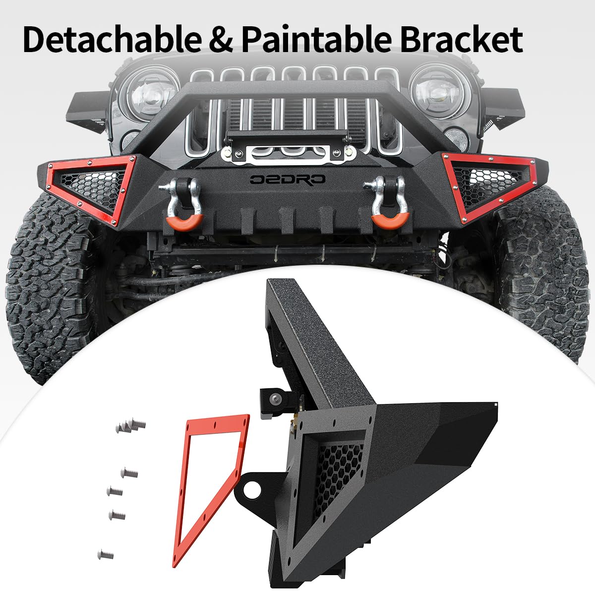 OEDRO Front Bumper for 2007-2025 Jeep Wrangler JK/JL/JT, Carbon Steel, Red, Full Width with Winch Plate & D-Rings