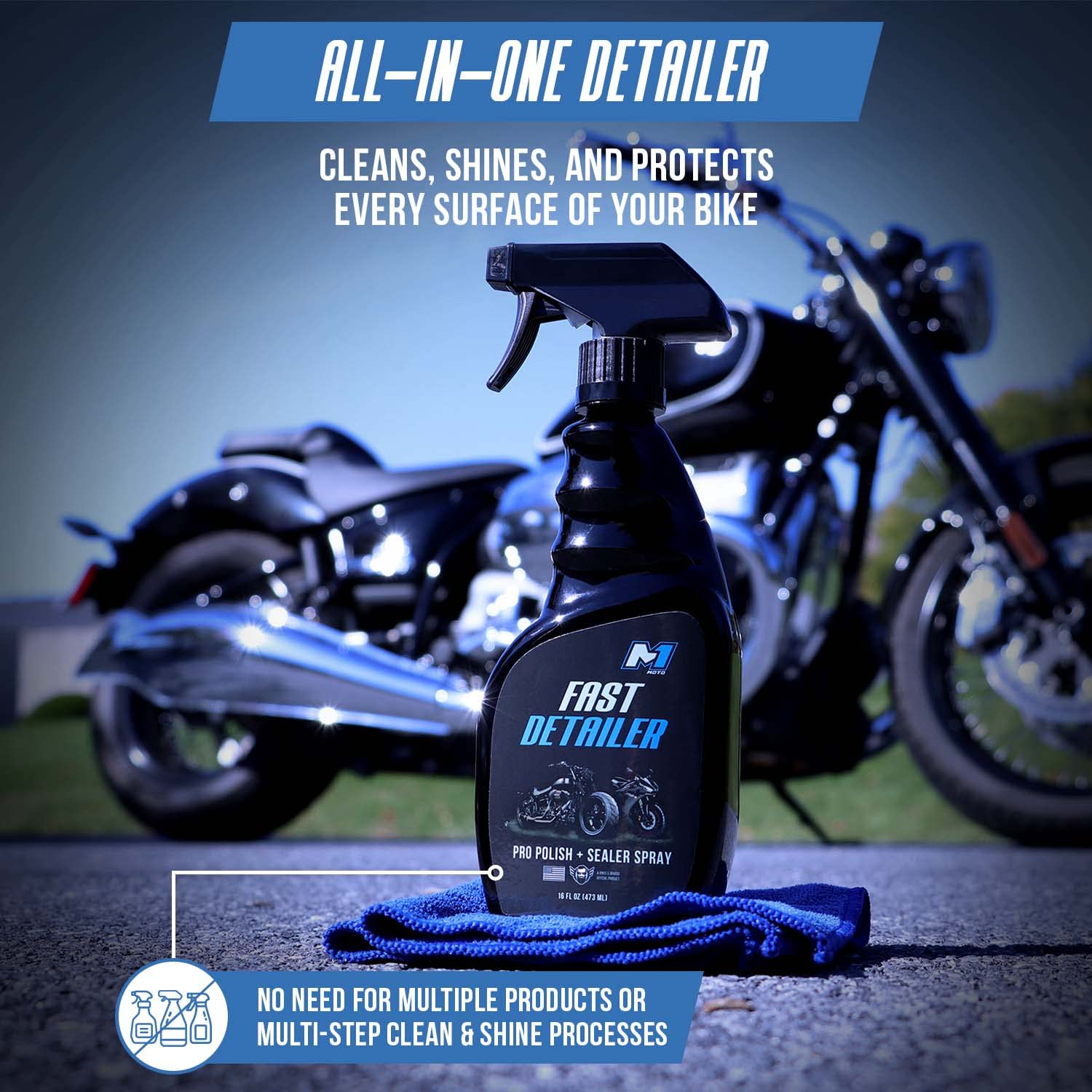 M1 MOTO Fast Detailer Motorcycle Cleaner, Pro Polish & Sealer Spray, 16 FL OZ, Model M1MOTOFD, All-in-One Kit with Microfiber Cloth