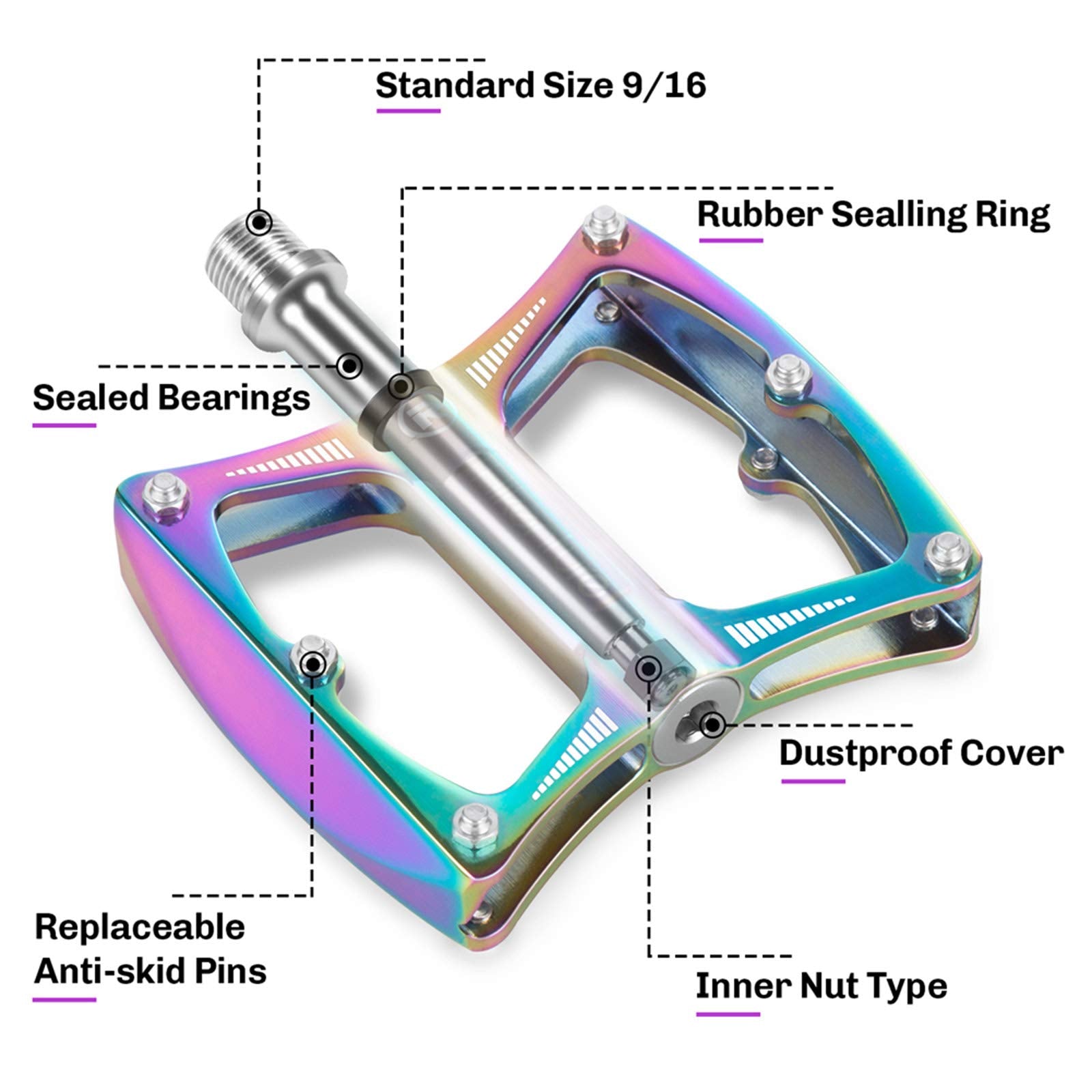 Hikenture Road Bike Pedals Mountain Bicycle Flat Pedals 9/16 '' Sealed Bearing Lightweight Aluminum Alloy Colorful Wide Platform