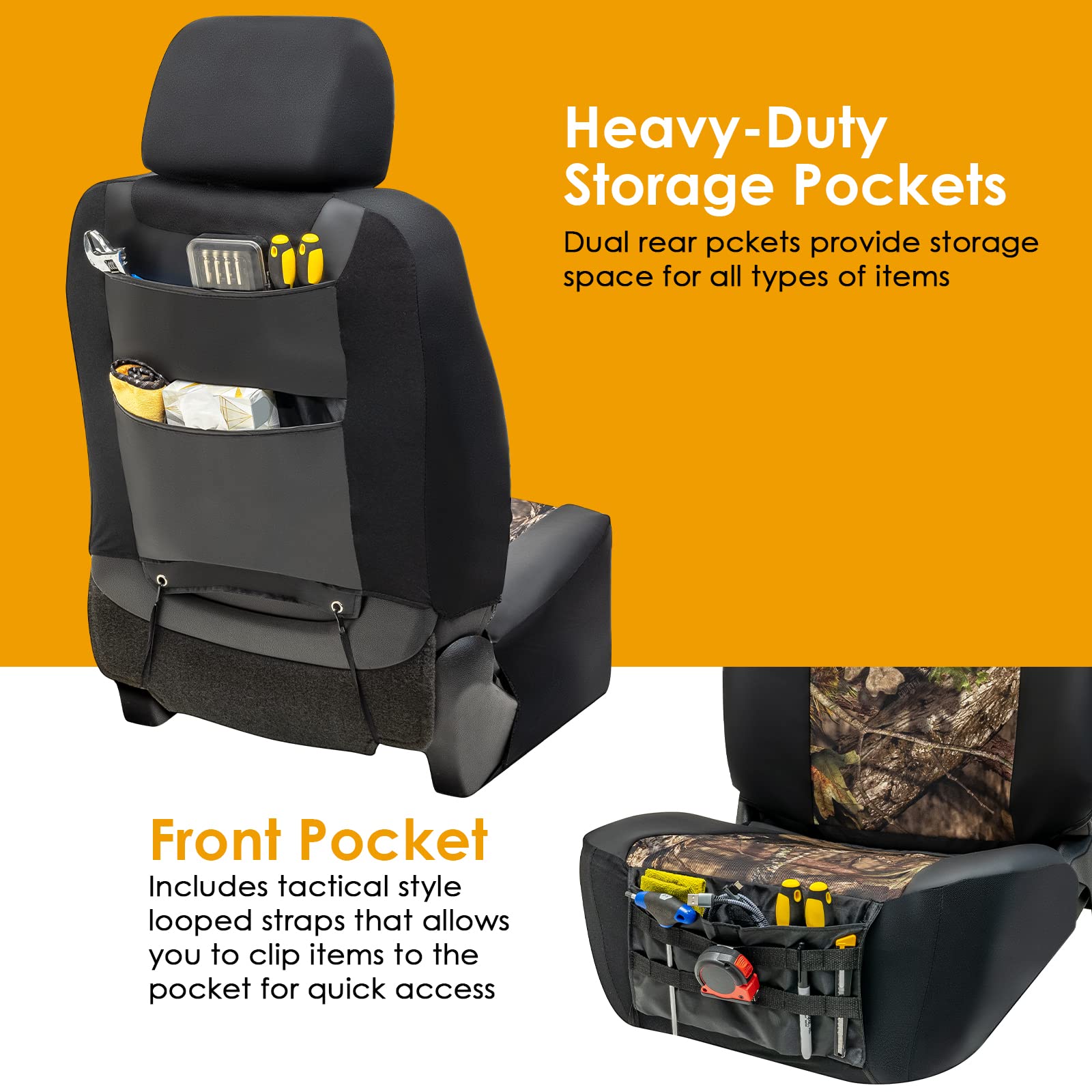 LPI Truck Mossy Oak Heavy Duty Seat Covers for Full-Size SUV/Truck, Faux Leather, Camo, Includes Storage Pockets & Molle Organizer