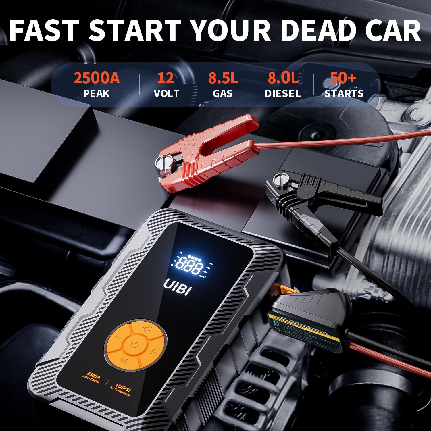 UIBI X6 Jump Starter & Air Compressor 150PSI, 2500A, 20000mAh, Portable Battery Charger for Gas & Diesel Engines, X6-Orange