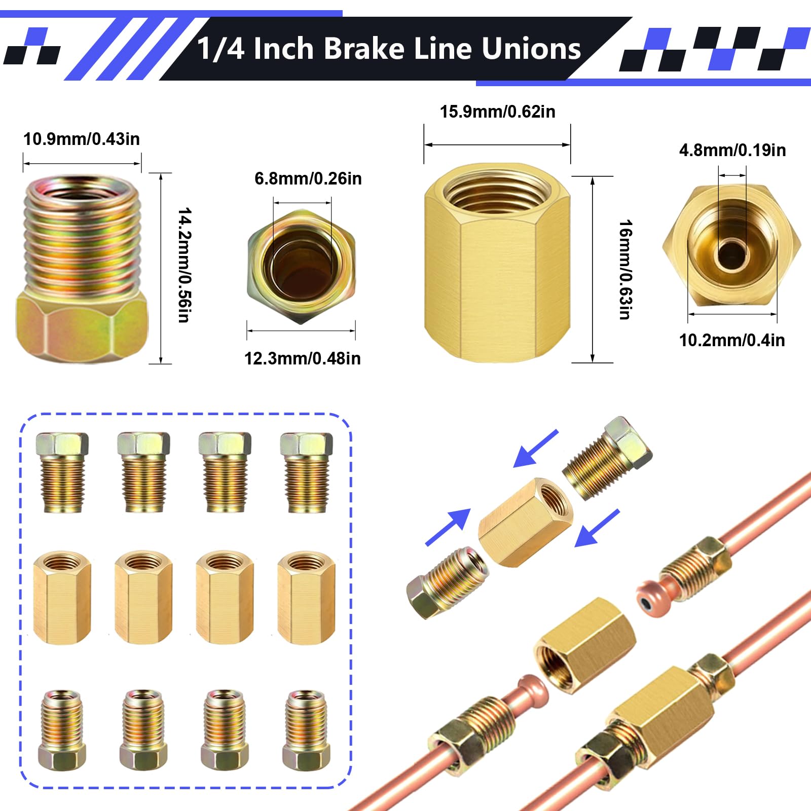 smseace 46Pcs Copper-coat Brake Lines Kit 1/4" for Hydraulic/Fuel Systems, Gold, Model D-G1-027-Gold
