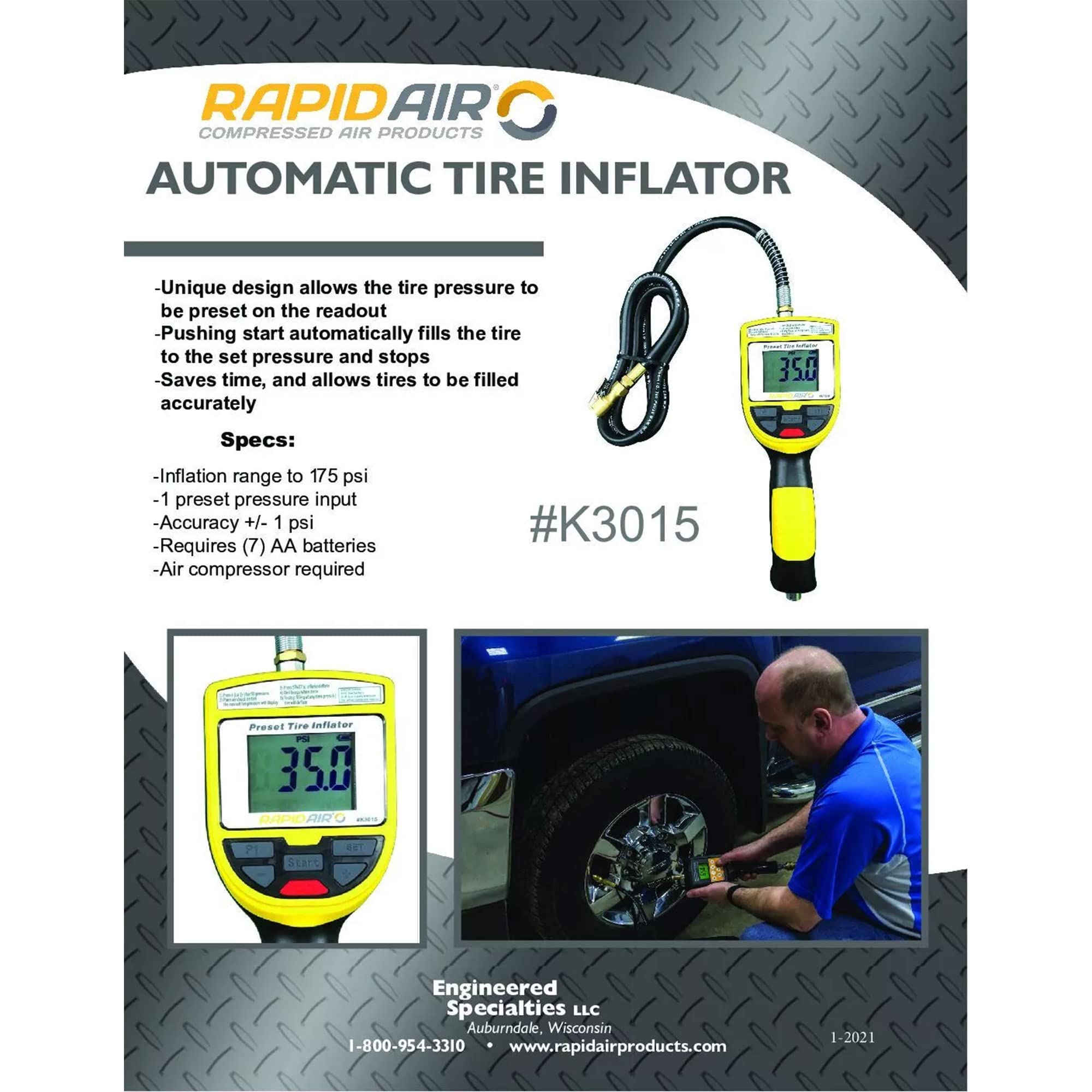 RapidAir K3015 Digital Tire Inflator Gauge - 175 PSI Automatic Shutoff, Plain Finish