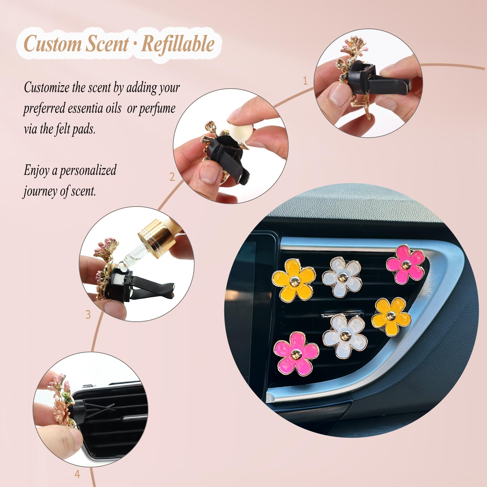 Oriesse 6Pcs Flowers Car Air Freshener Vent Clips,Pink Yellow White Daisy Flowers Air Vent Clip Car Accessories For Women,3.3Cm/