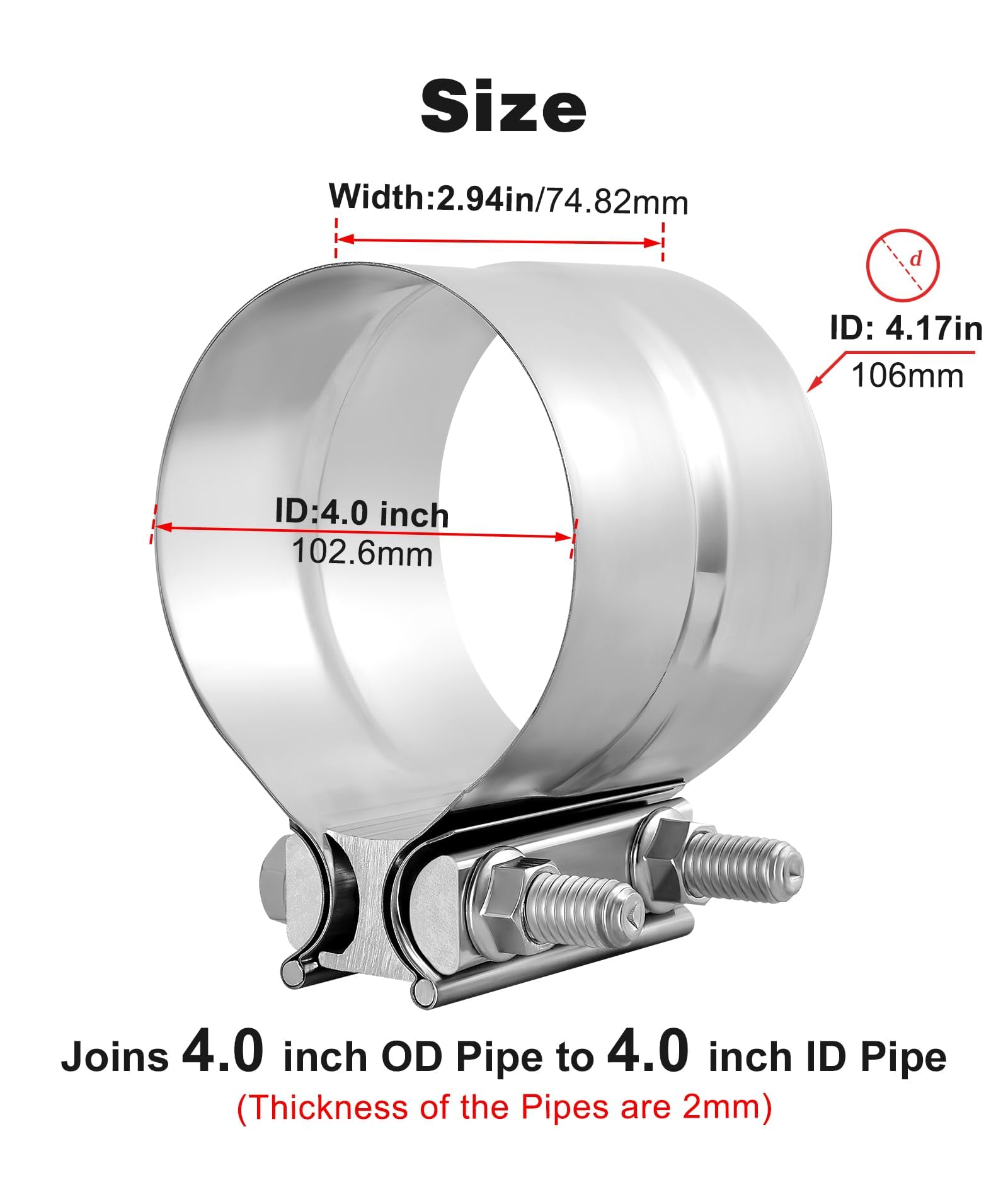 Evil Energy 4 ' ' Exhaust Clamp,Lap Joint Band Clamp Stainless Steel For Pipes,Mufflers,Catalytic Converters (4Pcs, 4 Inch)