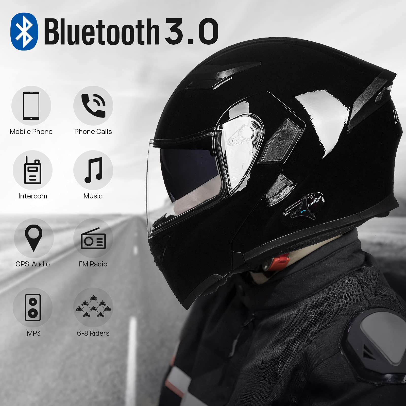 Ilm Bluetooth Motorcycle Helmet Modular Flip Up Full Face Dual Visor 6 Riders Group Intercom Mp3 Fm Radio Dot Model 902Bt Pro(Gl