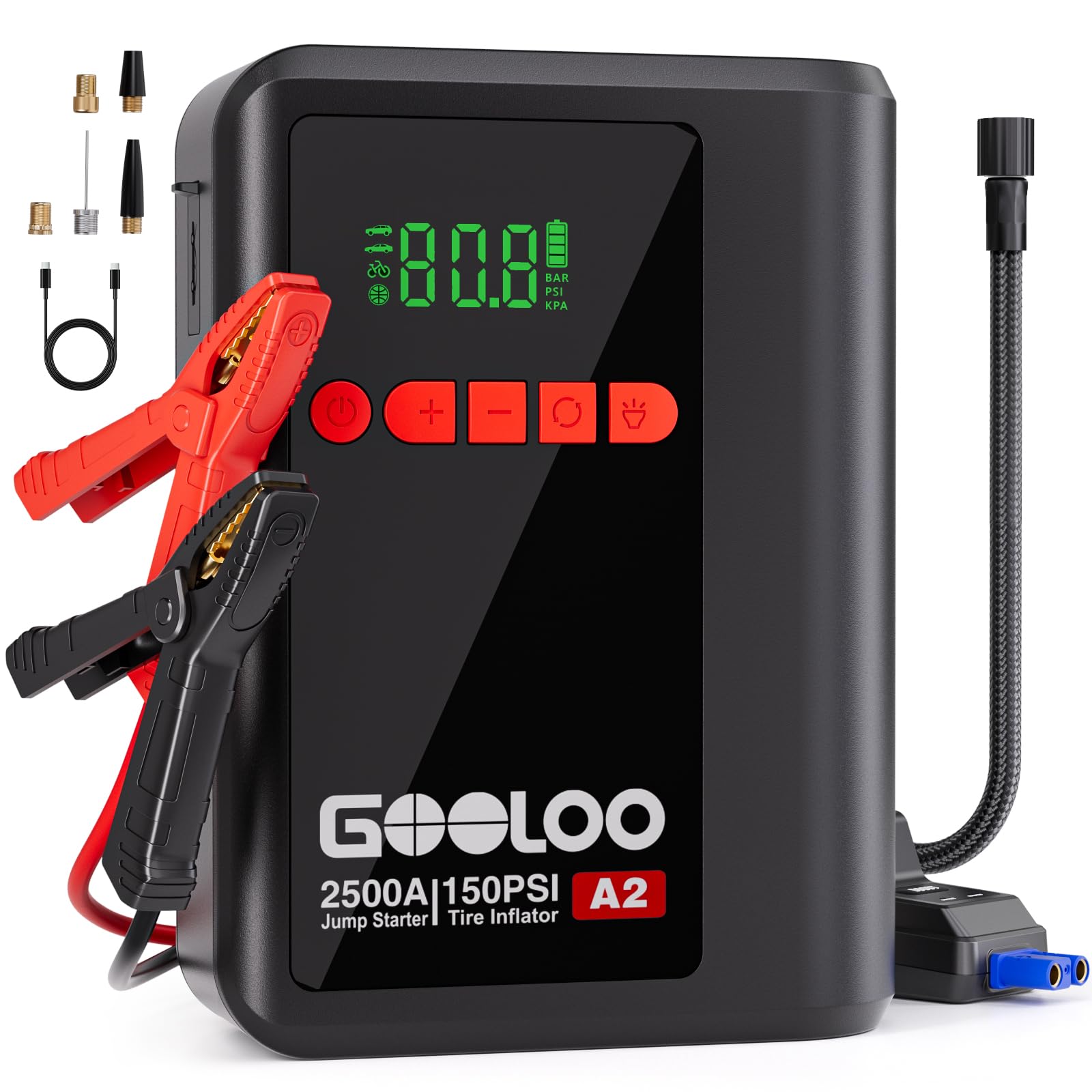 GOOLOO A2 8-in-1 Jump Starter with Air Compressor, Car Battery Booster (Up to 8L Gas/6L Diesel) 150 PSI Cordless Auto-Shutoff Ti